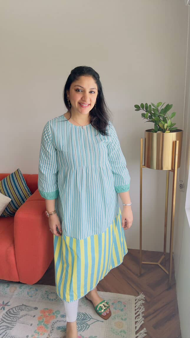 Eclat Aqua & Yellow Pintuck Striped Dress