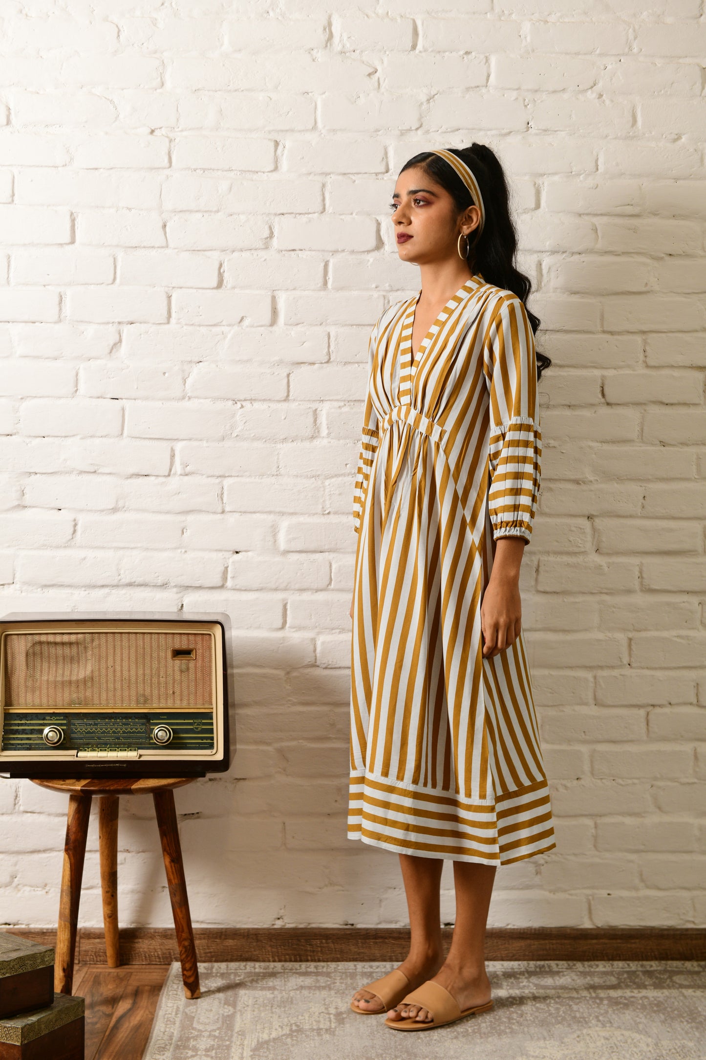 Aura Mustard Stripe V Neck Dress