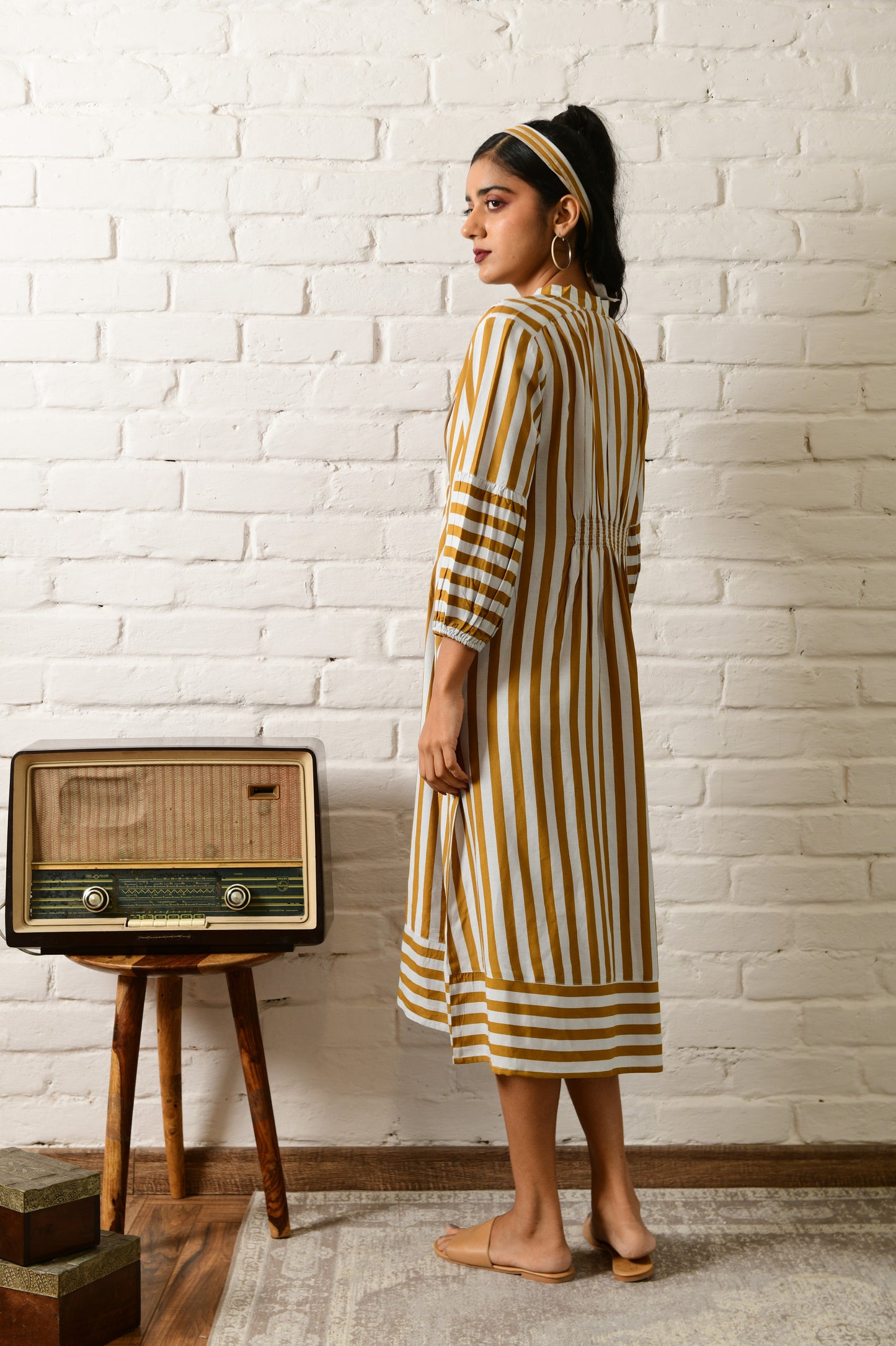 Aura Mustard Stripe V Neck Dress
