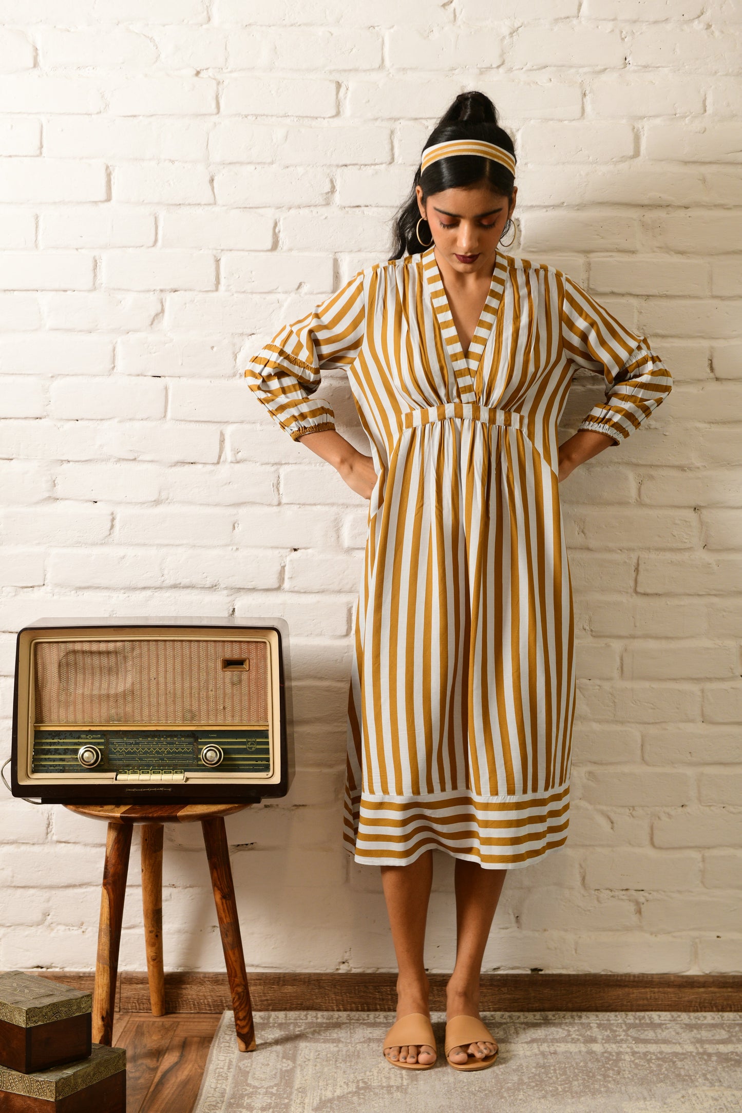 Aura Mustard Stripe V Neck Dress