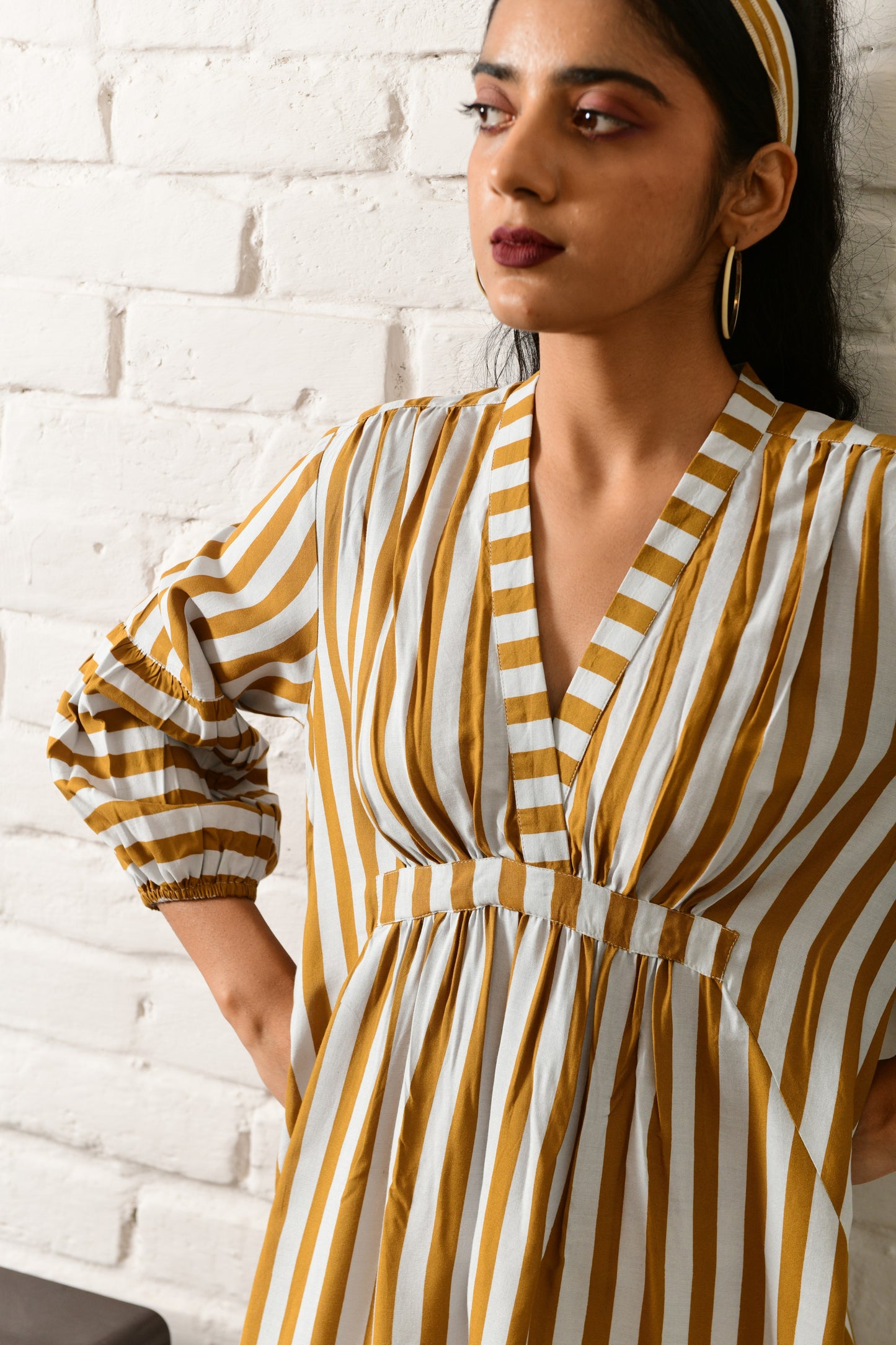 Aura Mustard Stripe V Neck Dress