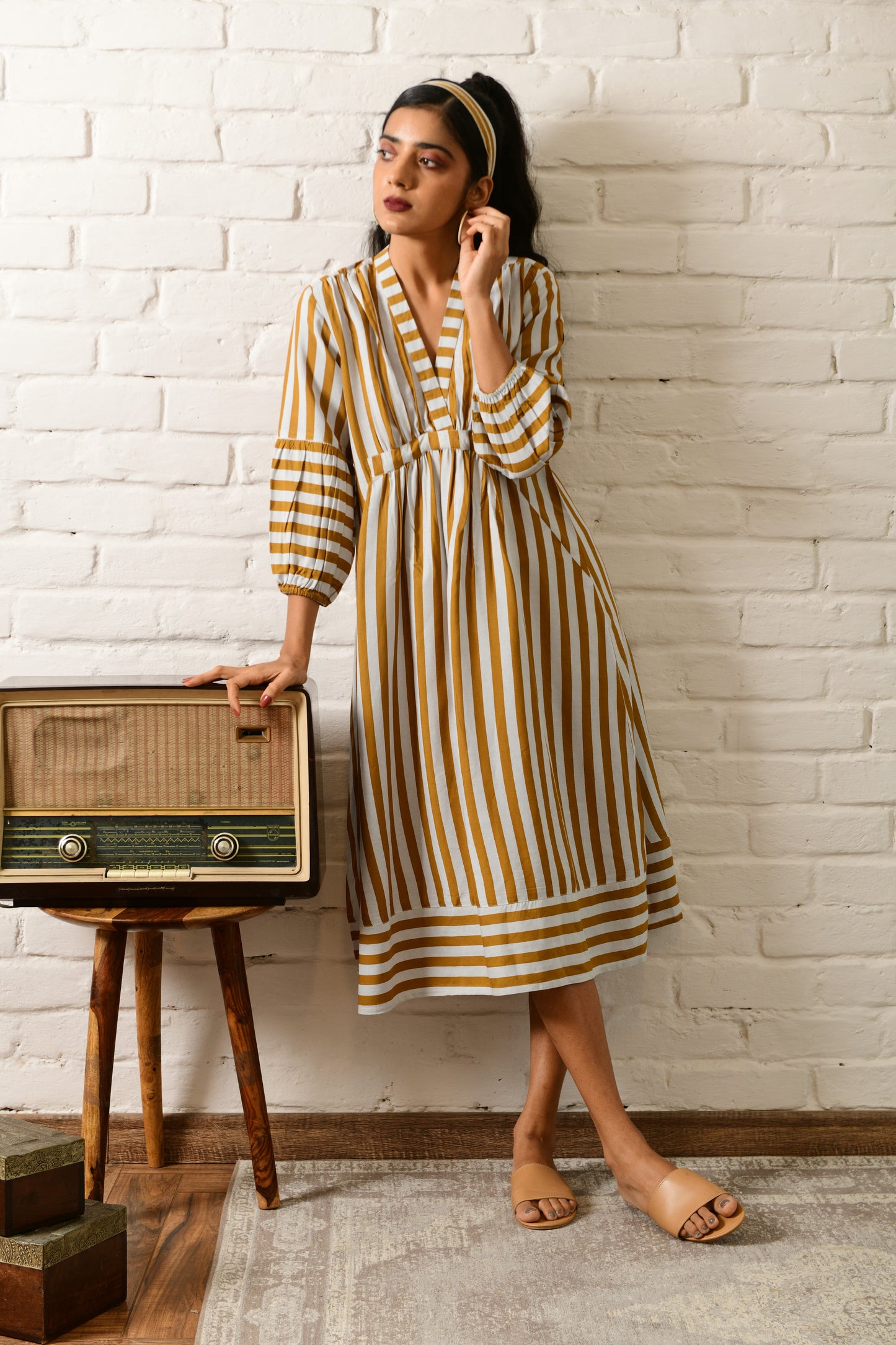 Aura Mustard Stripe V Neck Dress