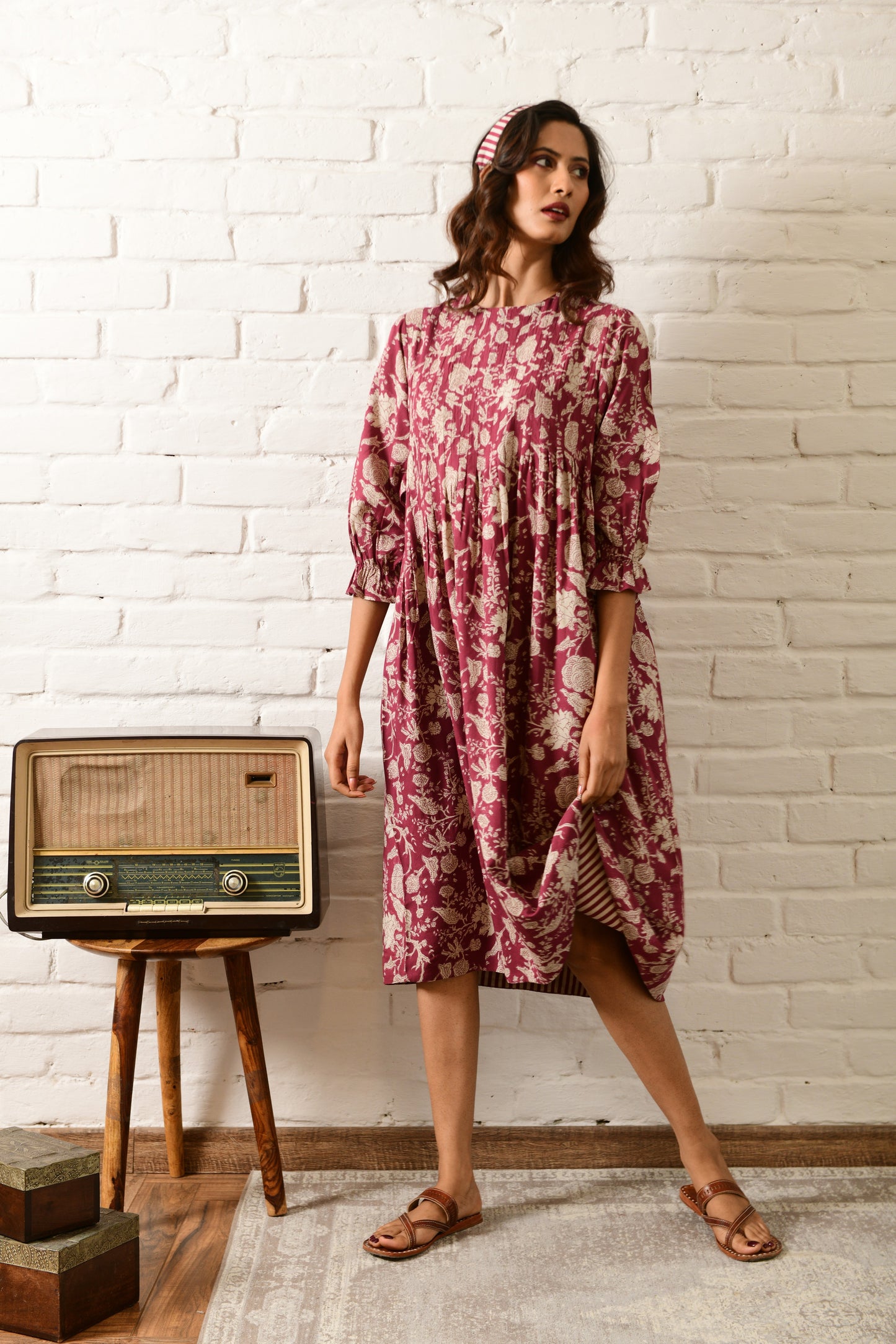 Amber Maroon Stripe Pintuck Dress