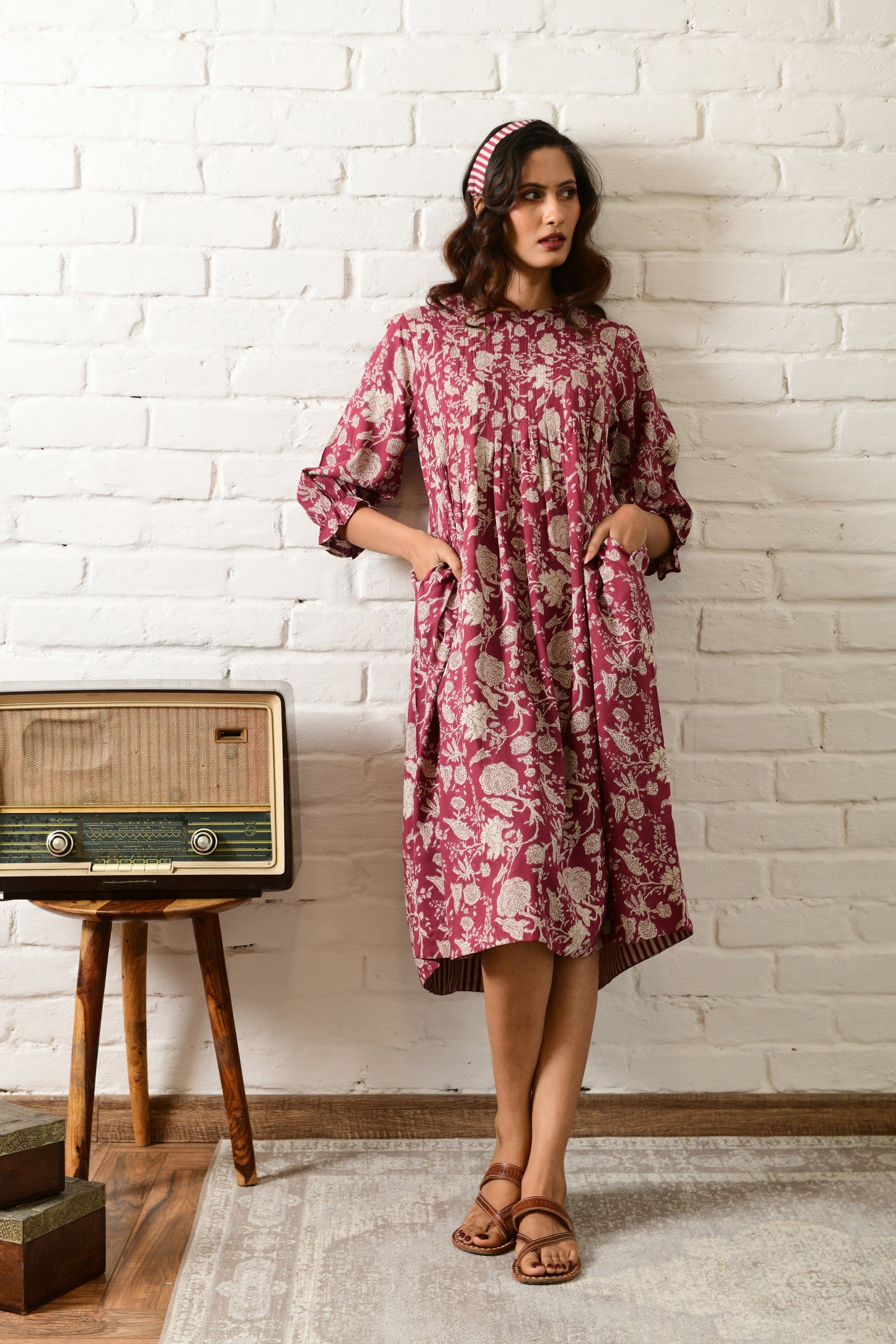 Amber Maroon Stripe Pintuck Dress