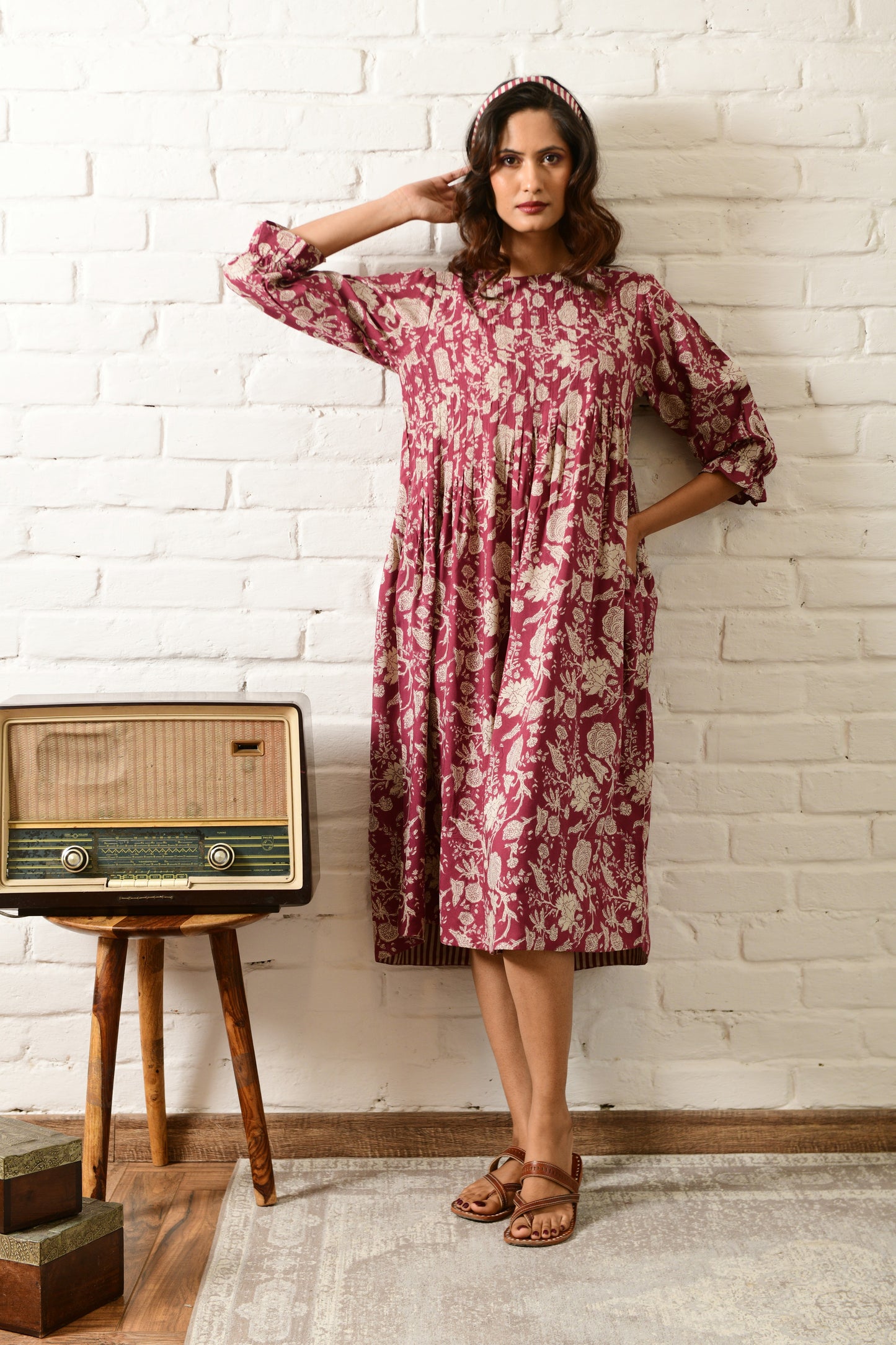 Amber Maroon Stripe Pintuck Dress