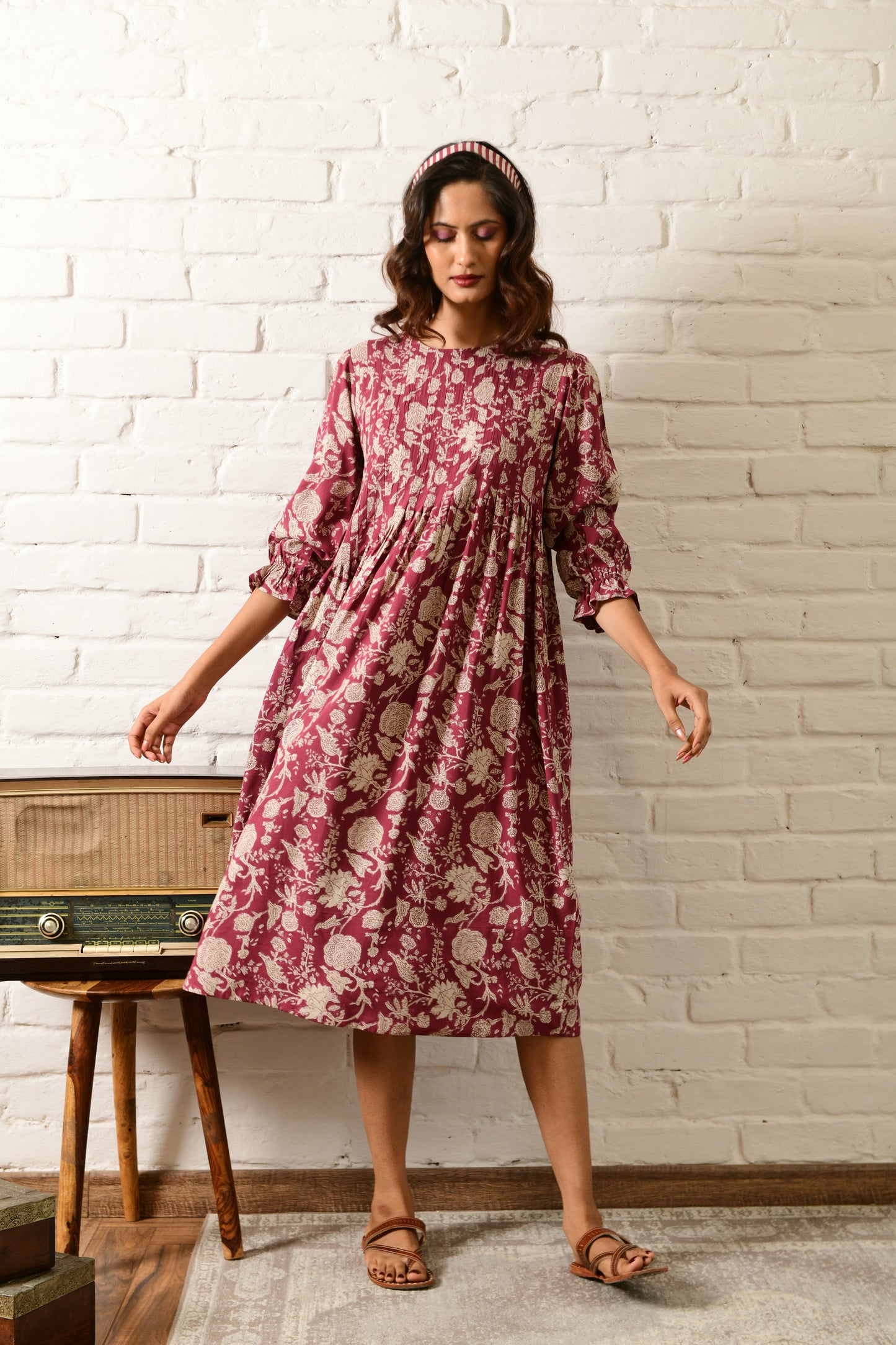 Amber Maroon Stripe Pintuck Dress