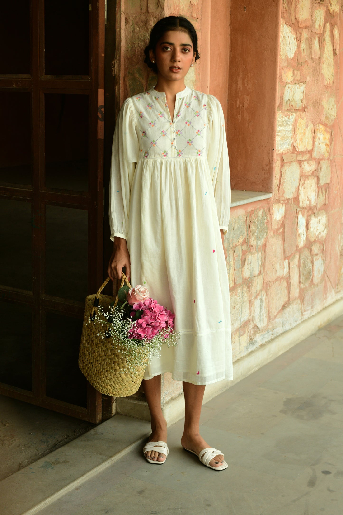 Ivory Embroidered Midi Dress