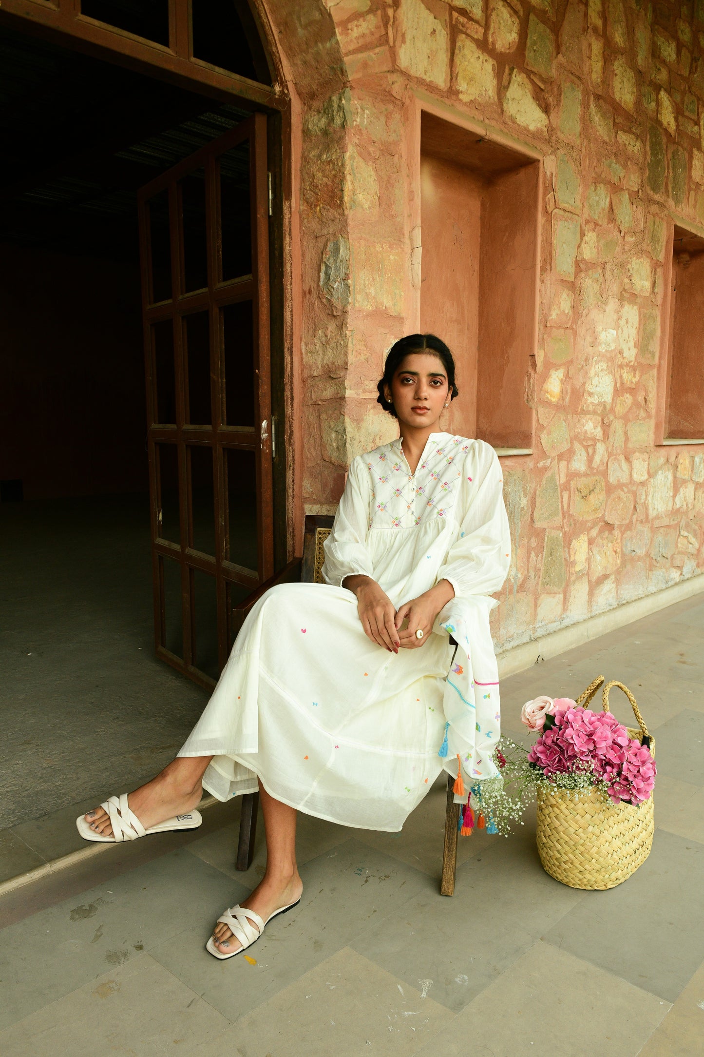 Ivory Embroidered Midi Dress