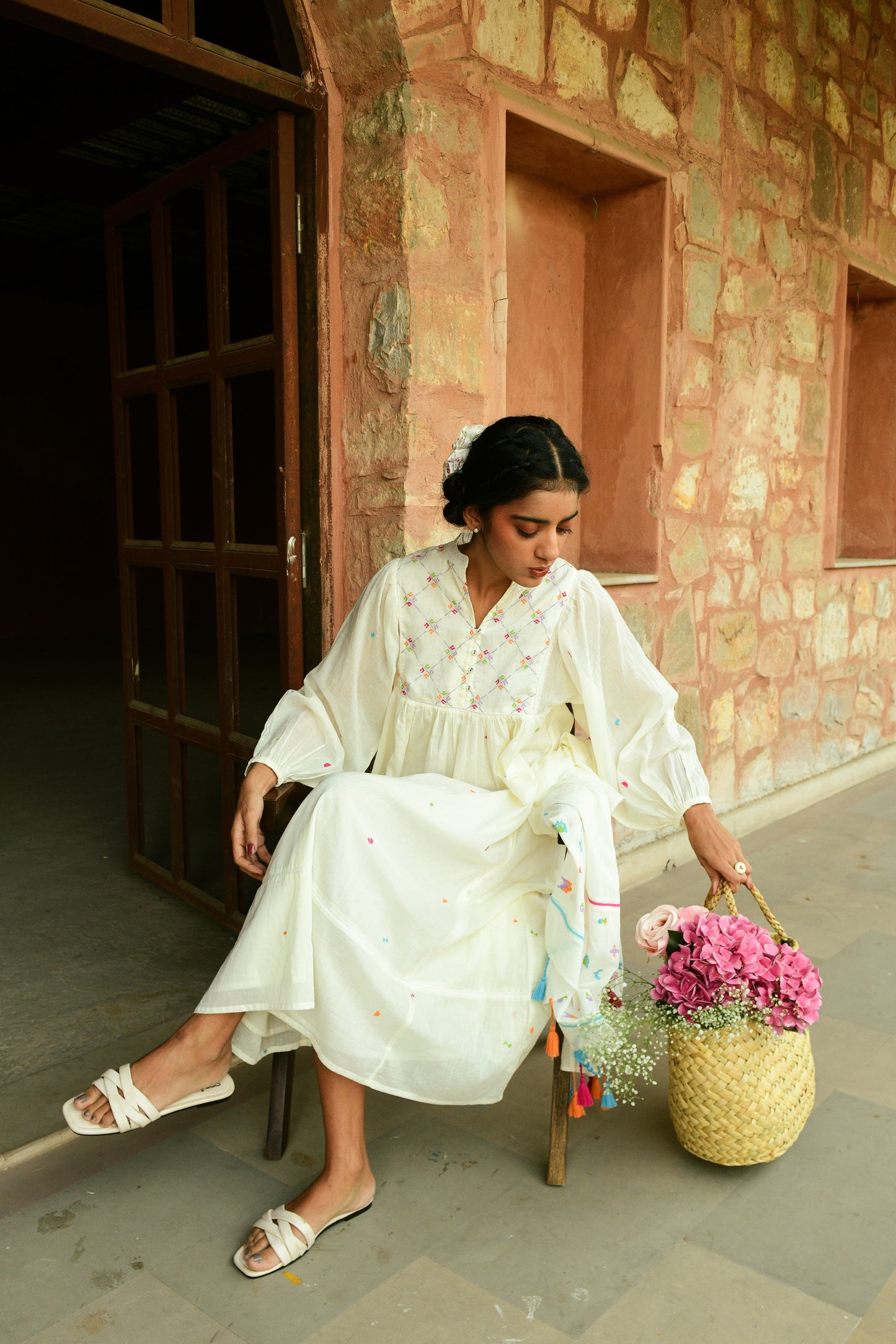 Ivory Embroidered Midi Dress