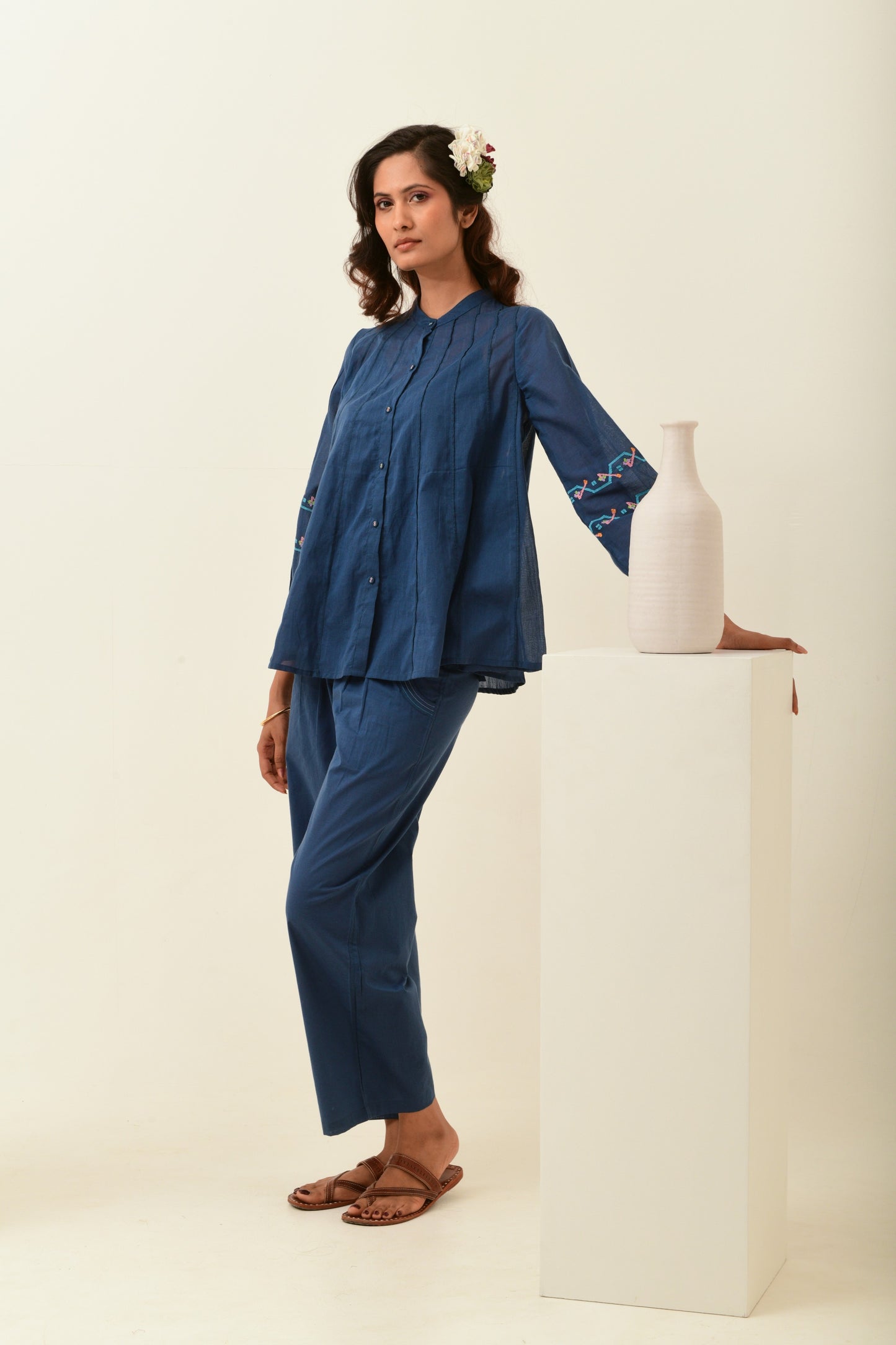 Blue Smocked Straight Pants