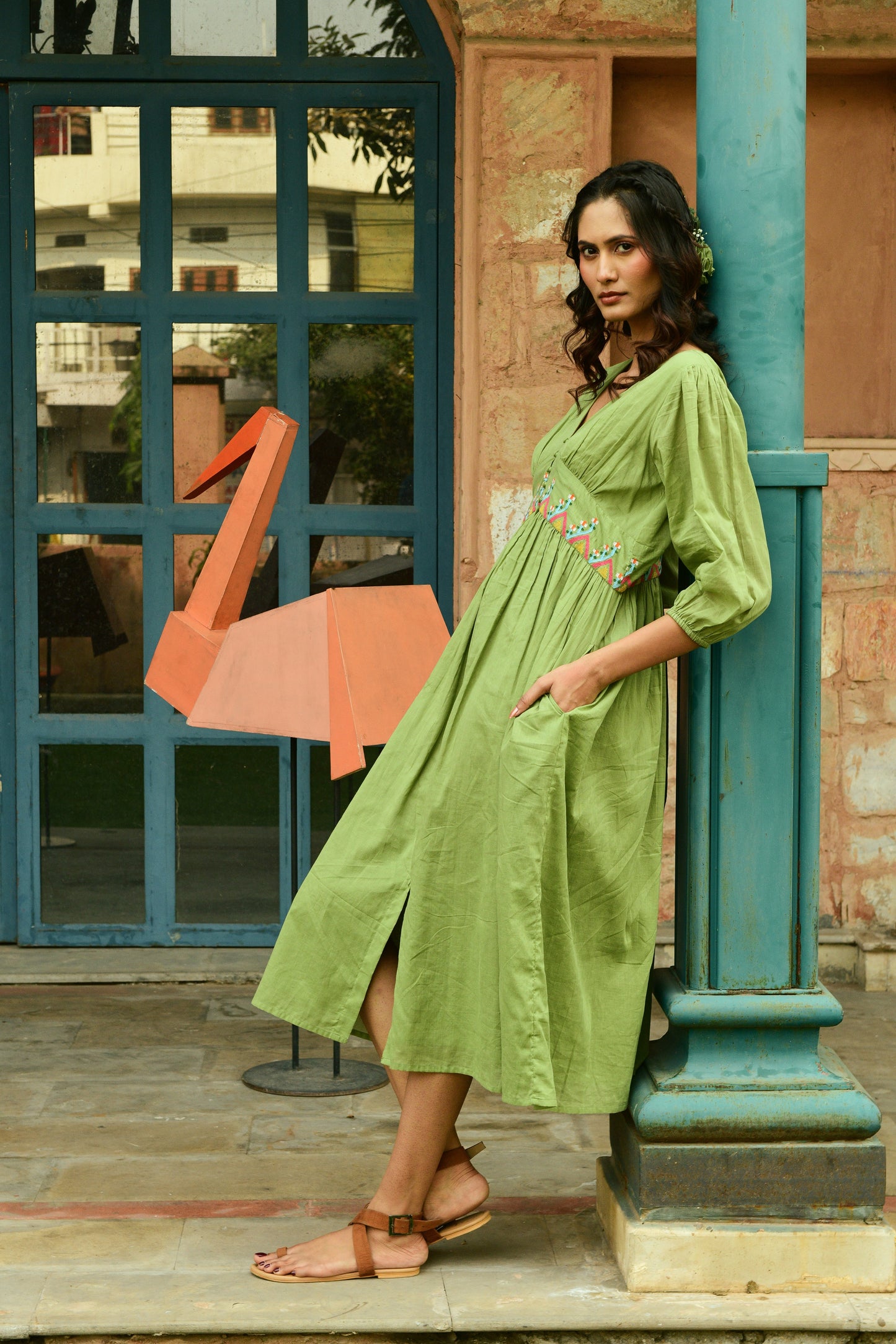 Grace Olive Green Cinched Waist Dress