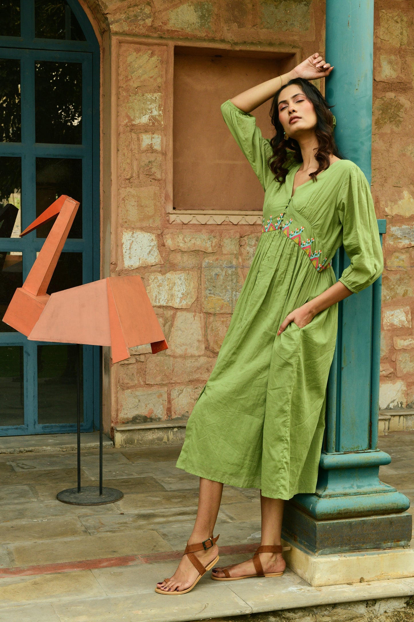 Grace Olive Green Cinched Waist Dress