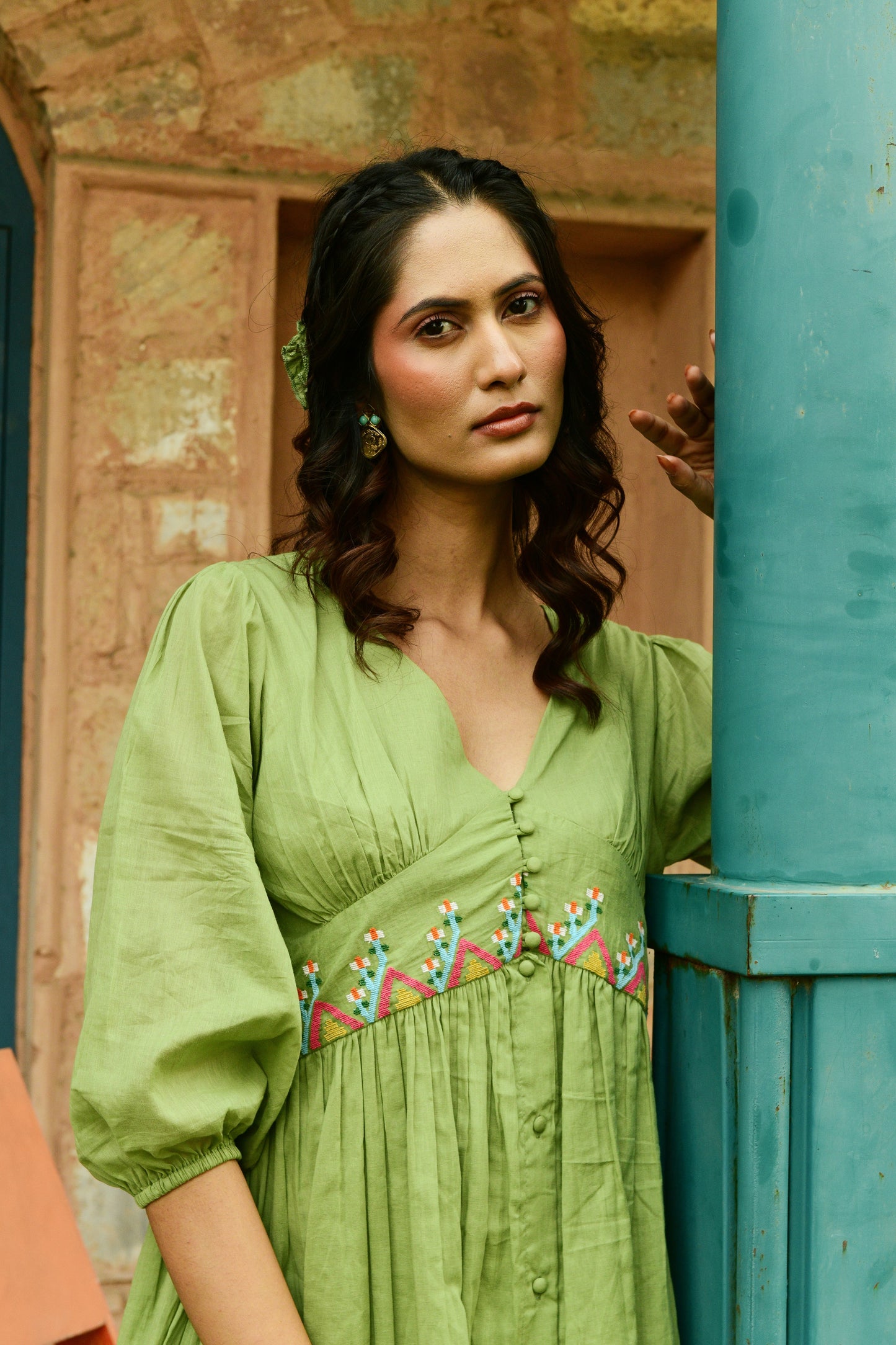 Grace Olive Green Cinched Waist Dress