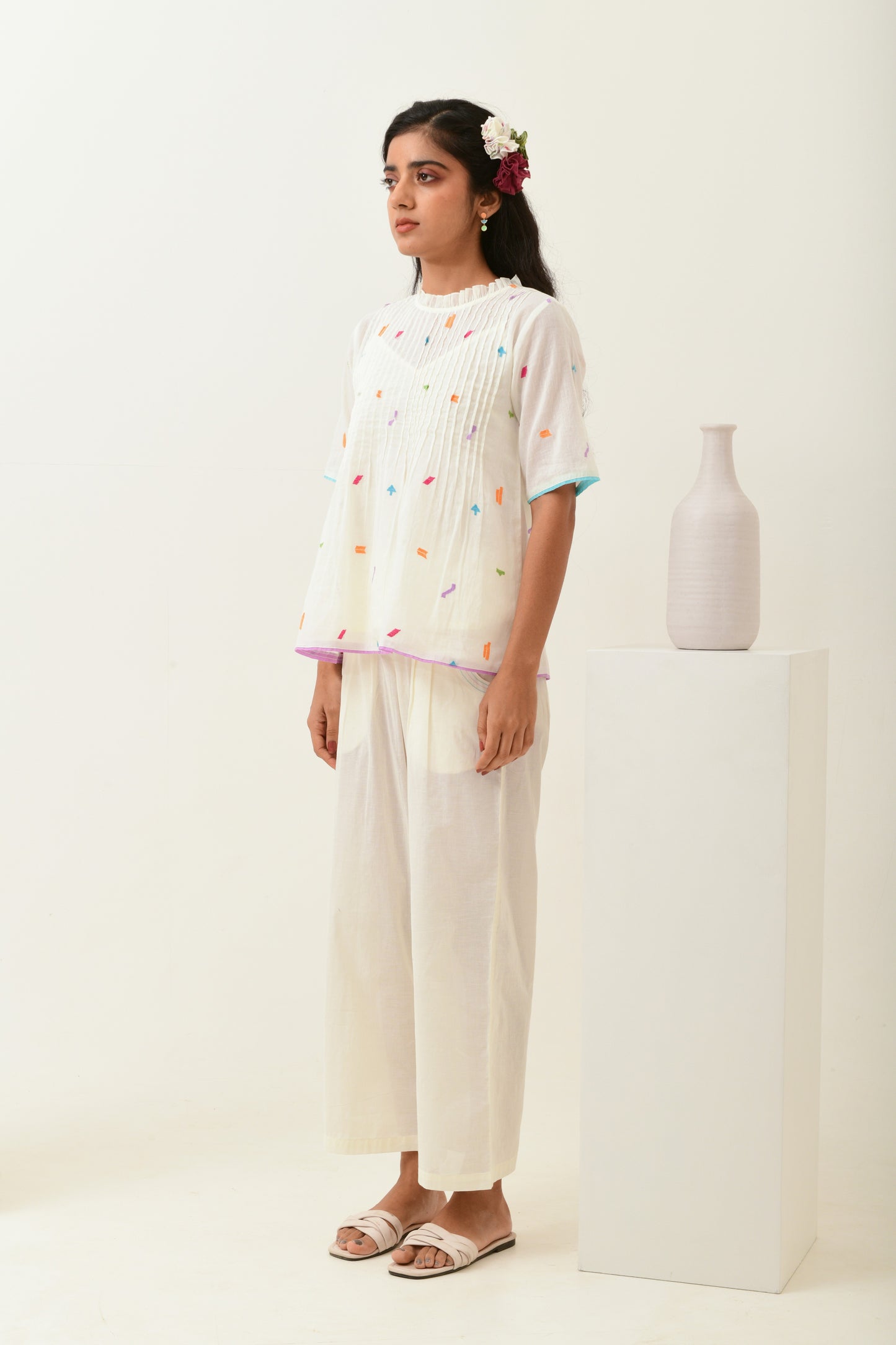 Eclat Ivory Pleated Embroidered Top