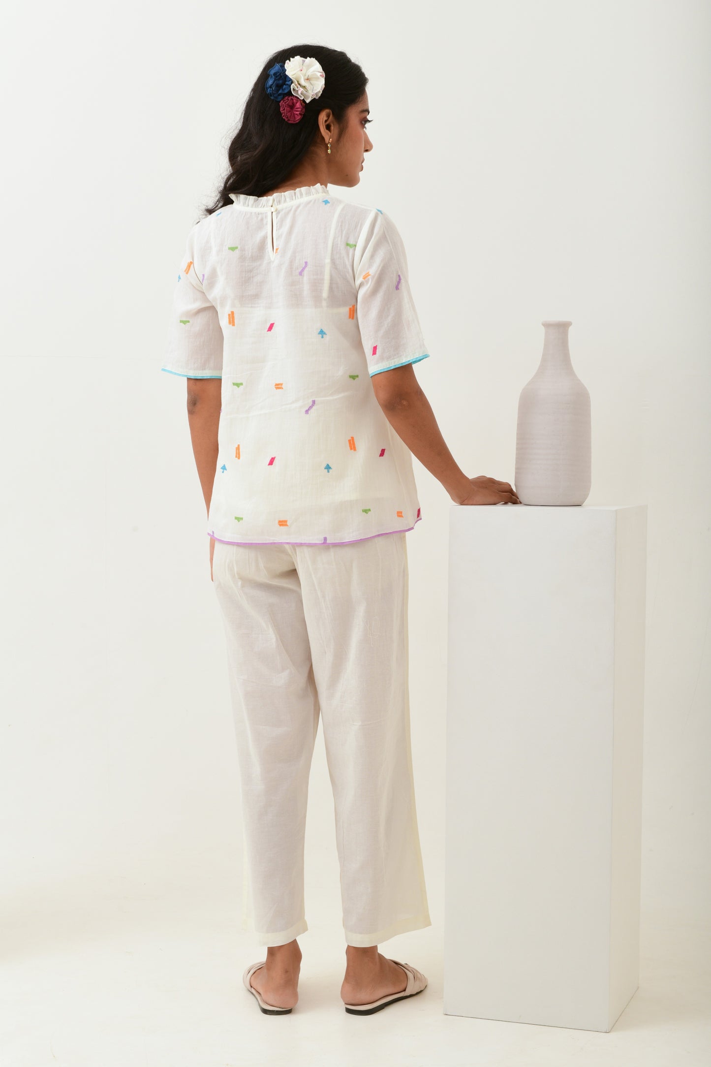 Eclat Ivory Pleated Embroidered Top