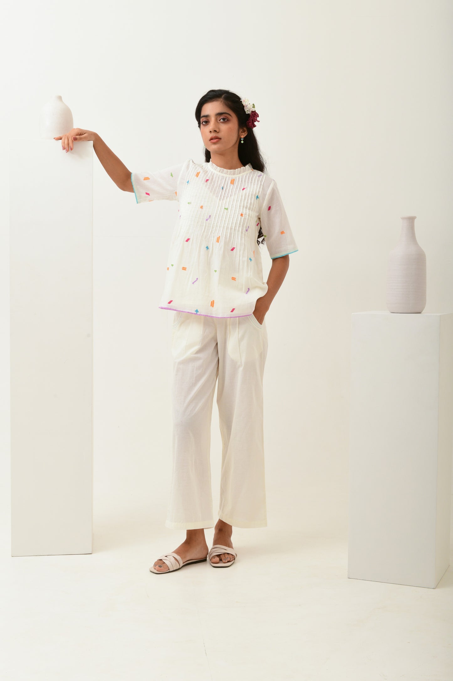 Eclat Ivory Pleated Embroidered Top