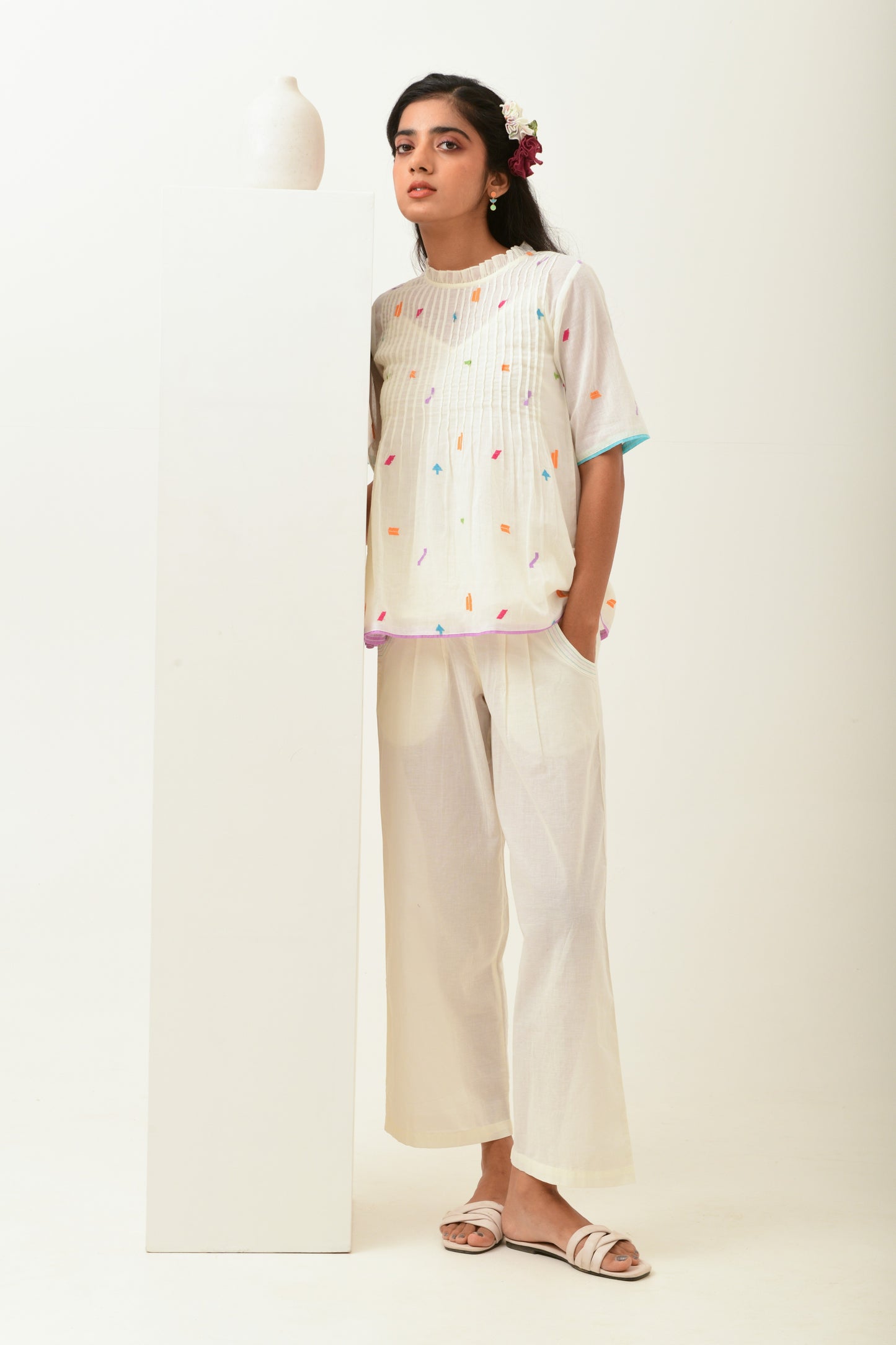 Ivory Smocked Straight Pants