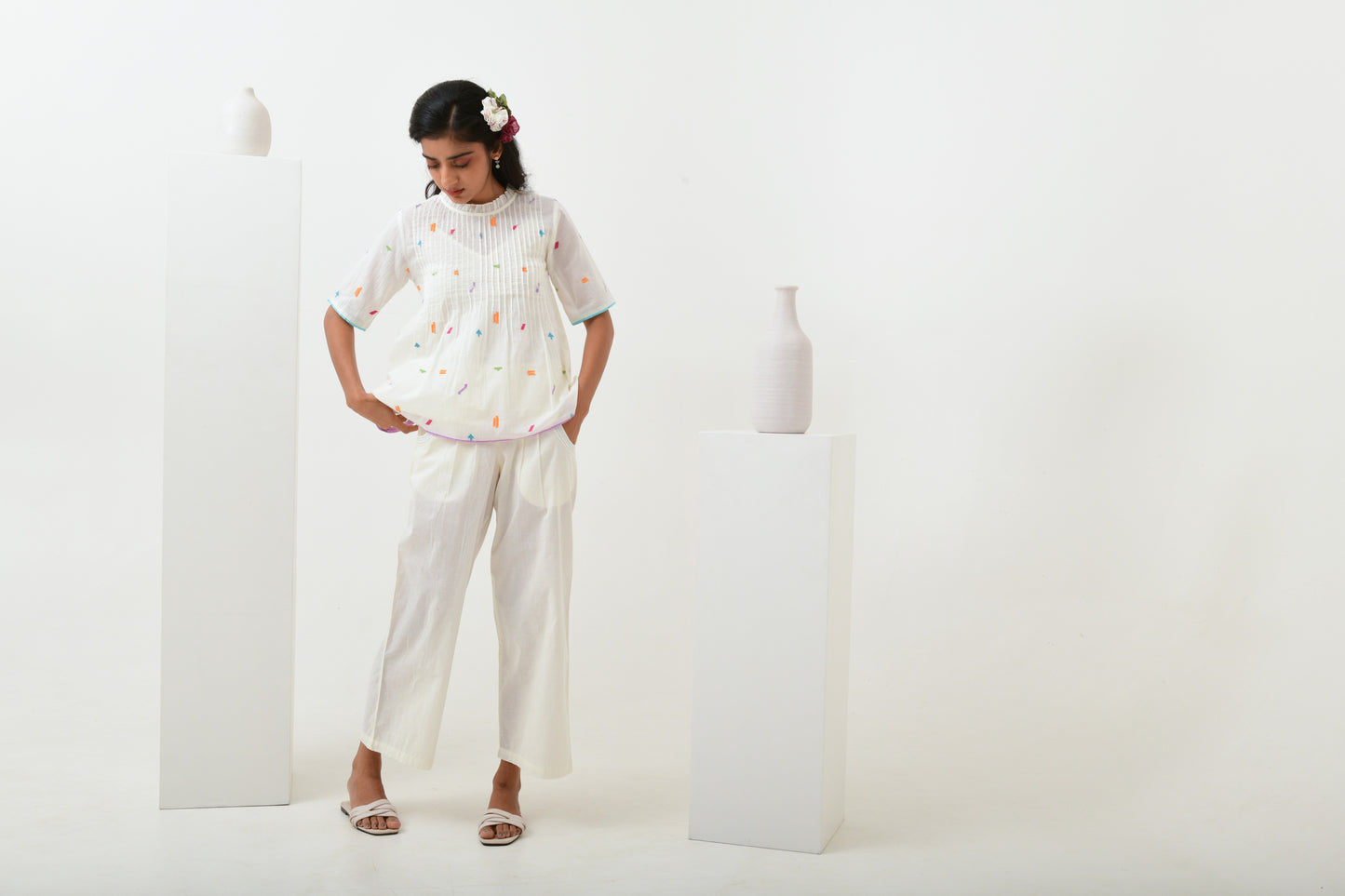 Ivory Smocked Straight Pants