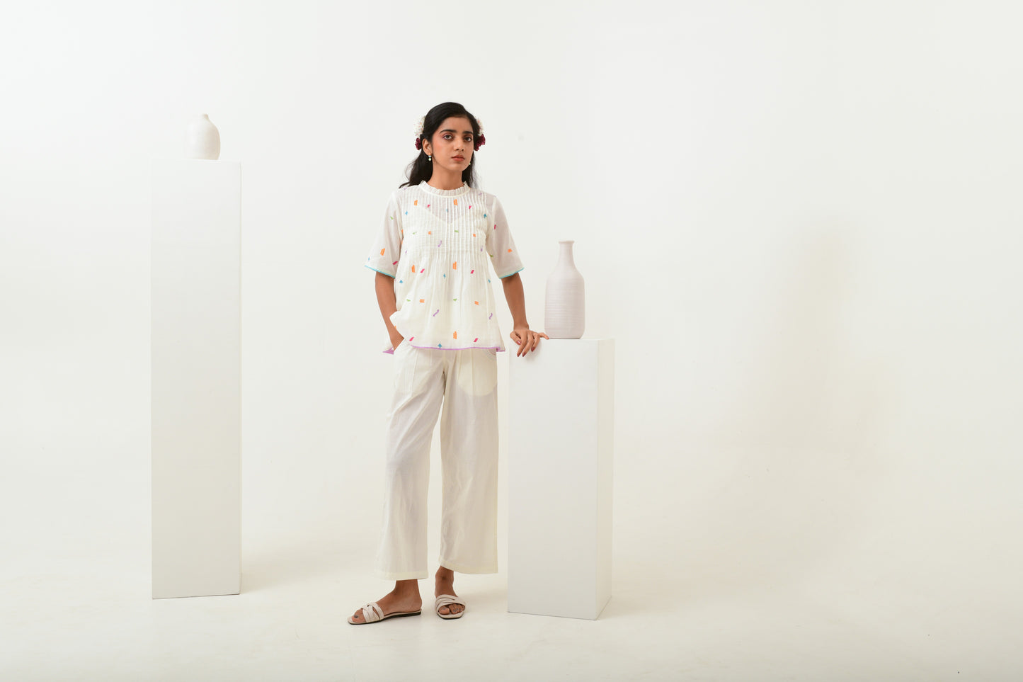 Ivory Smocked Straight Pants