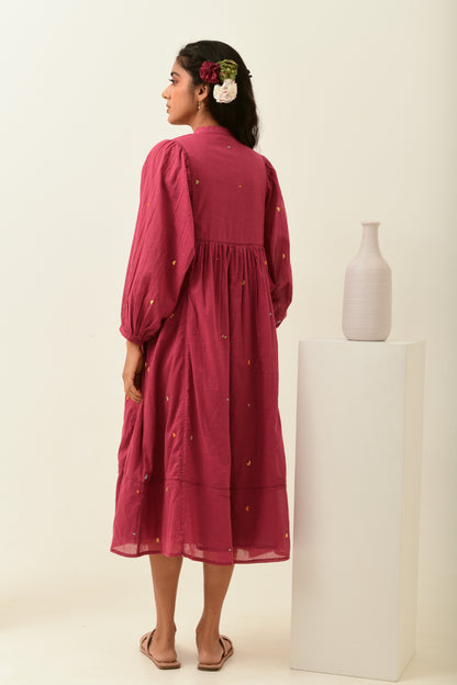 Ivory Rust Pink Embroidered Midi Dress