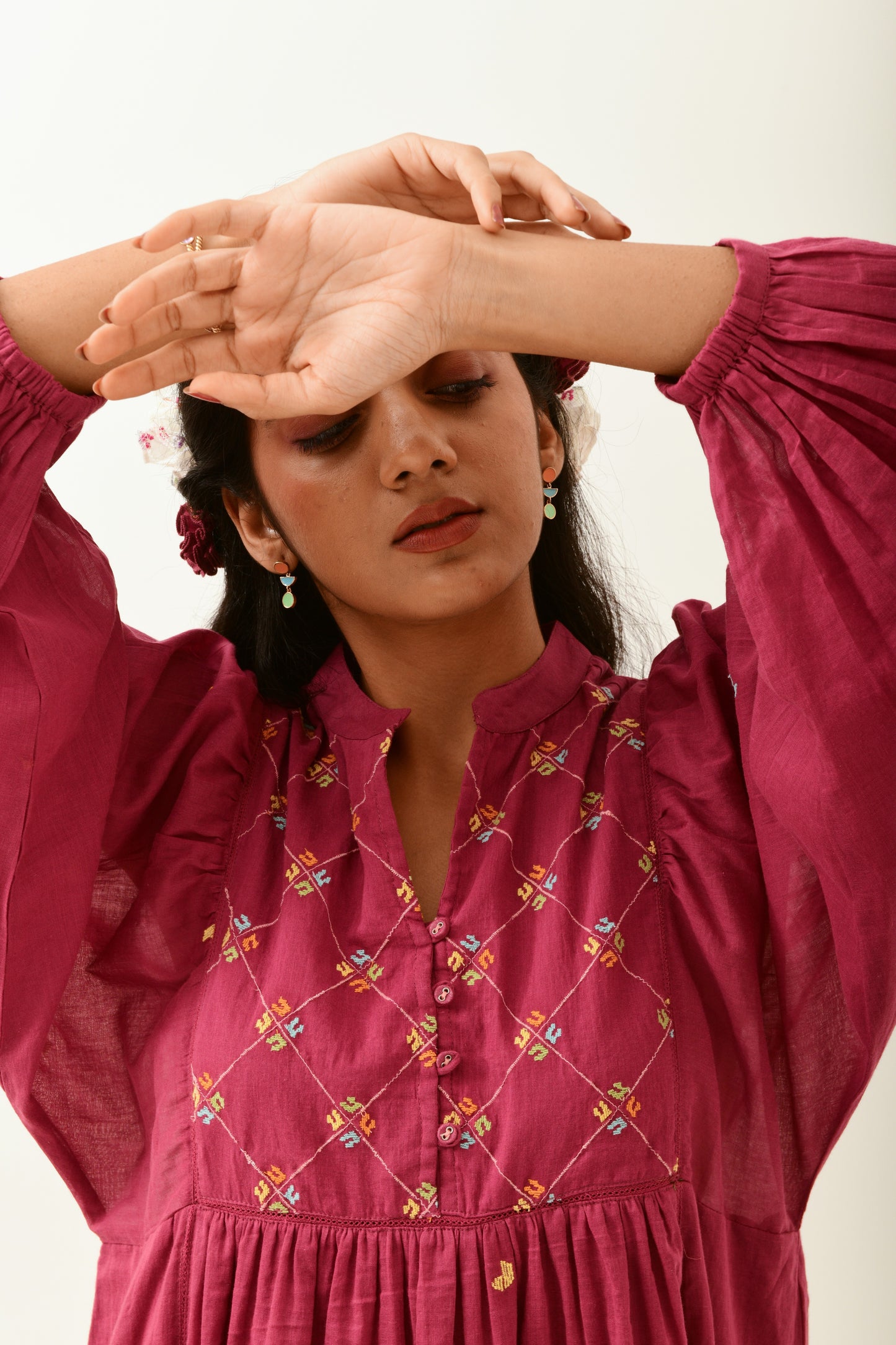 Ivory Rust Pink Embroidered Midi Dress