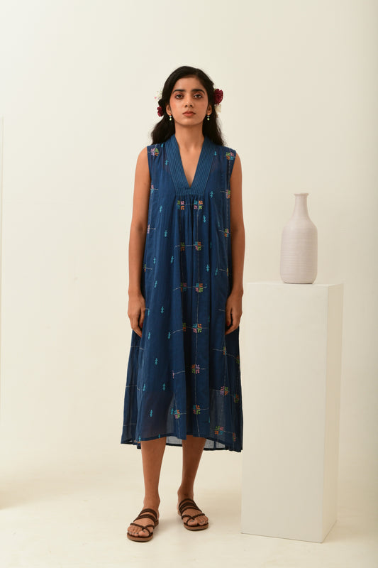 Azure Blue V Neck Panelled Dress
