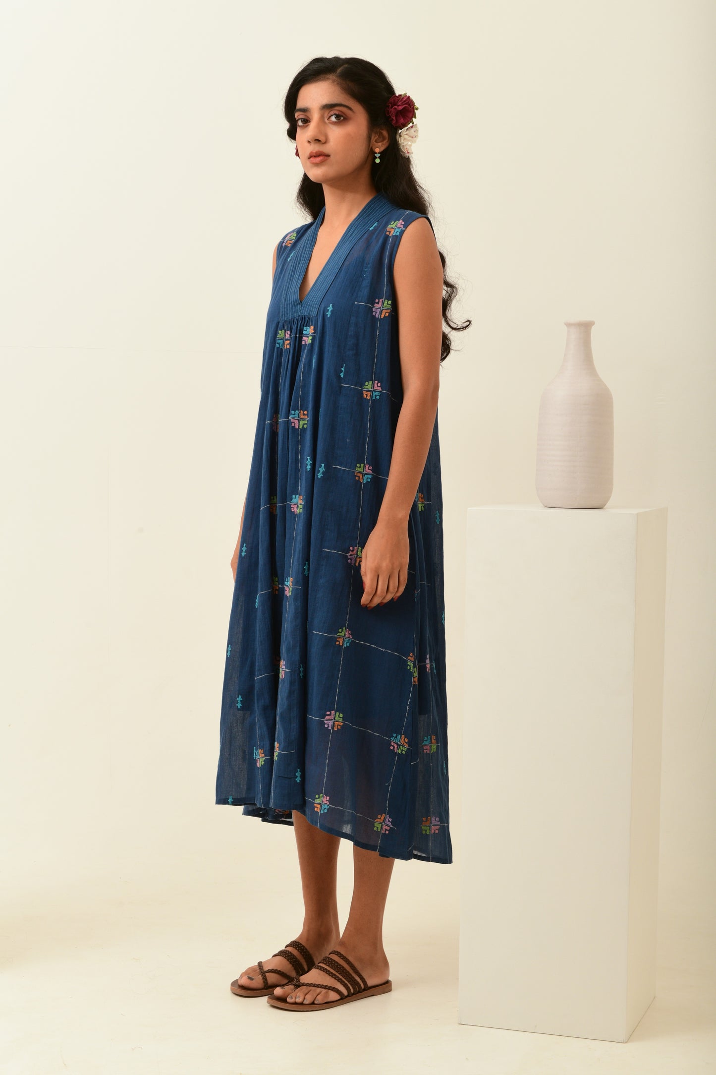 Azure Blue V Neck Panelled Dress