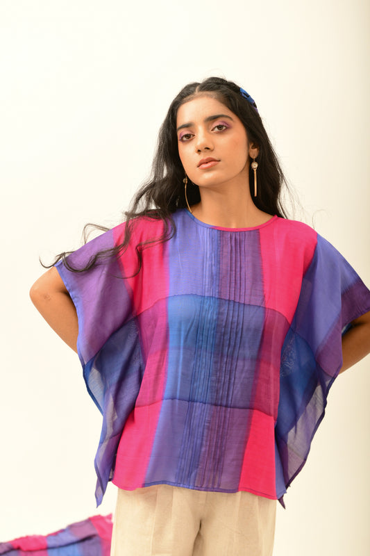 Epoch Blue & Fuchsia Front Pleated Top