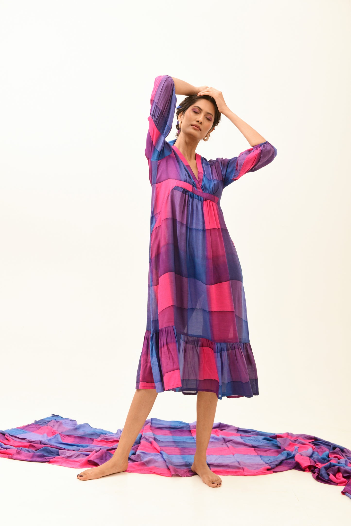 Aura Blue & Fuchsia V-Neck Frilled Dress
