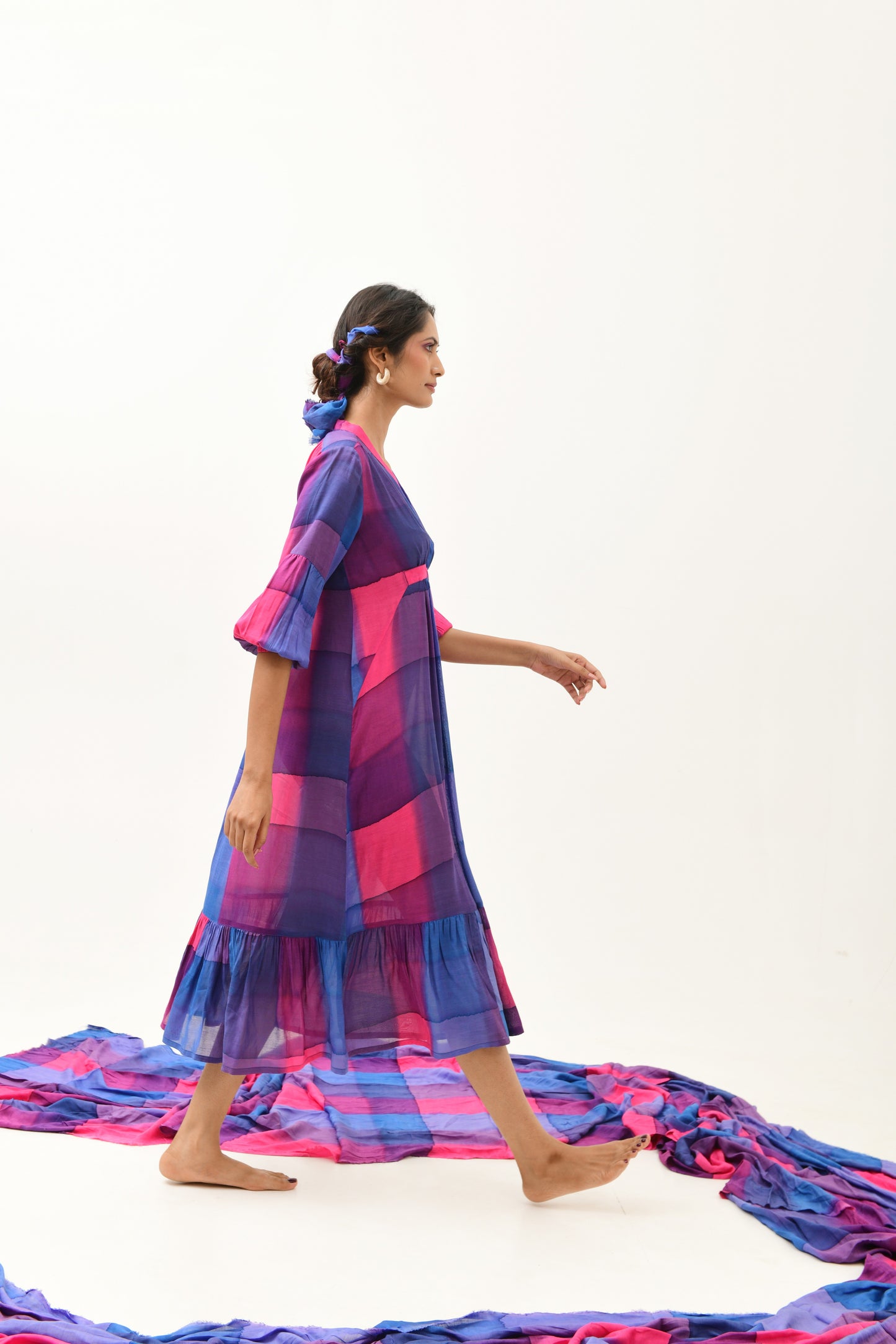 Aura Blue & Fuchsia V-Neck Frilled Dress