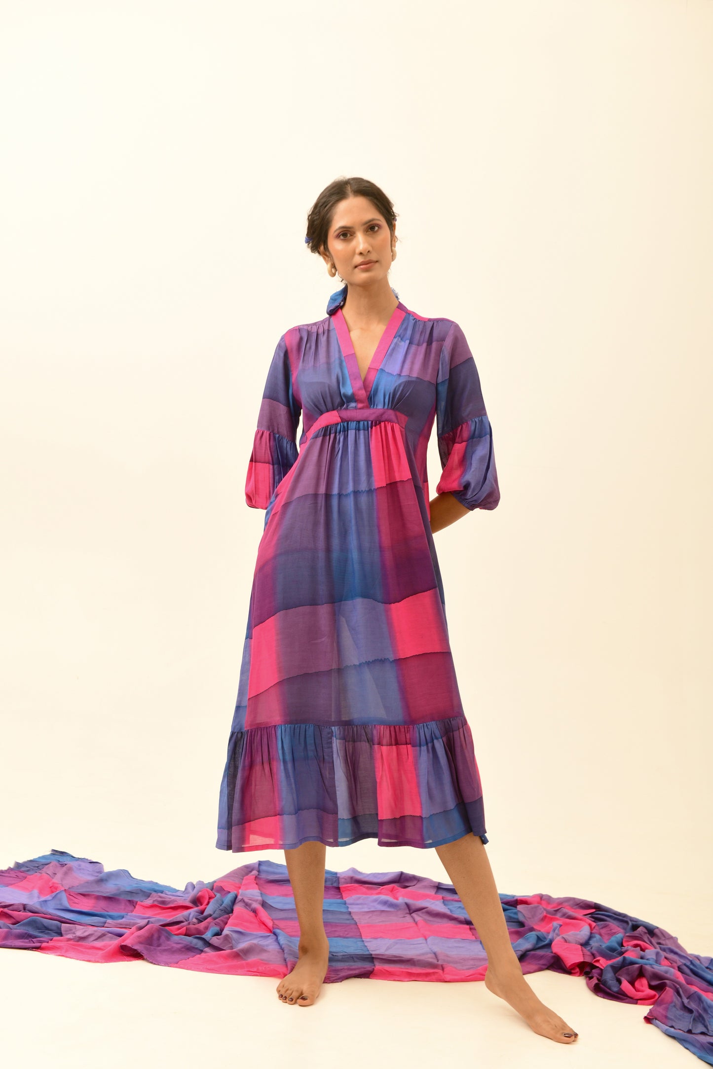 Aura Blue & Fuchsia V-Neck Frilled Dress