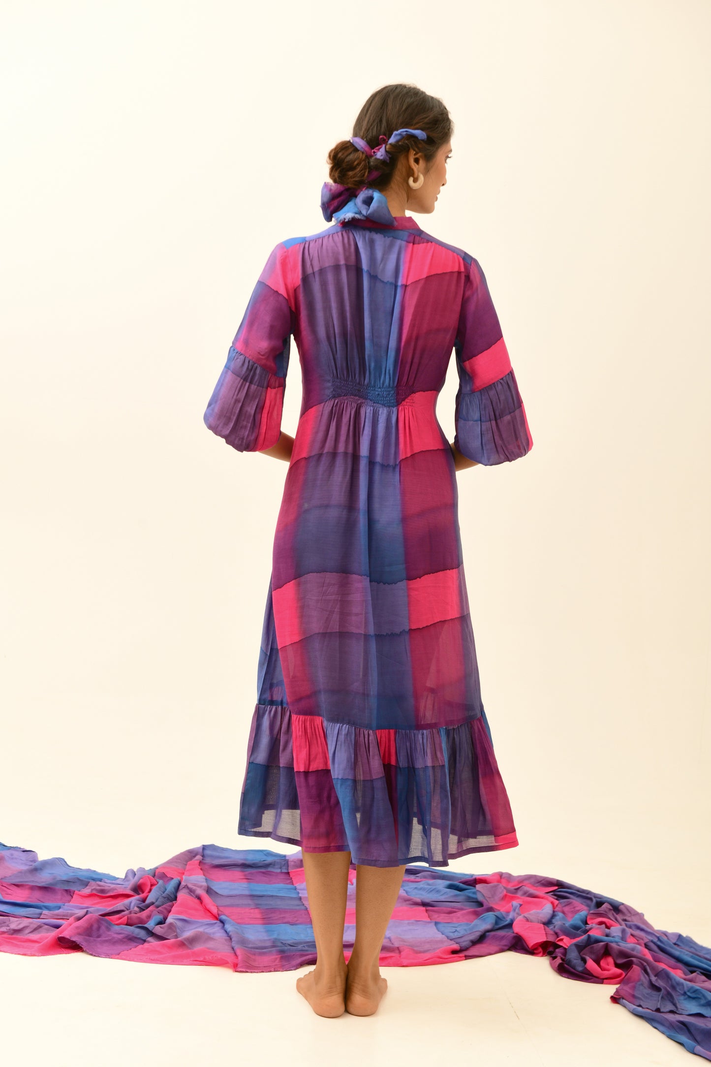 Aura Blue & Fuchsia V-Neck Frilled Dress