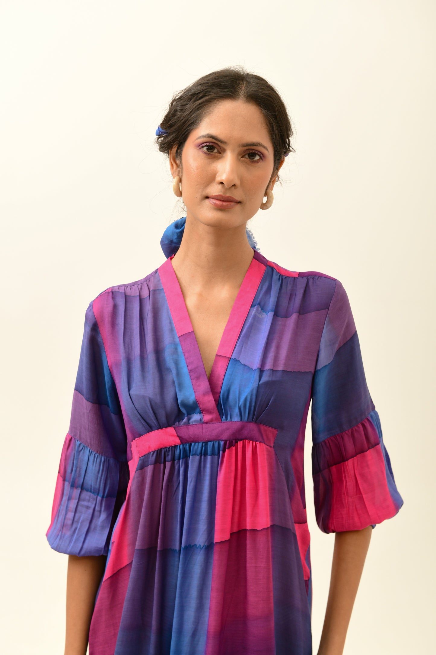 Aura Blue & Fuchsia V-Neck Frilled Dress
