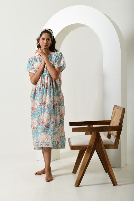 Floral Blue Cinched Waist Kaftan Dress