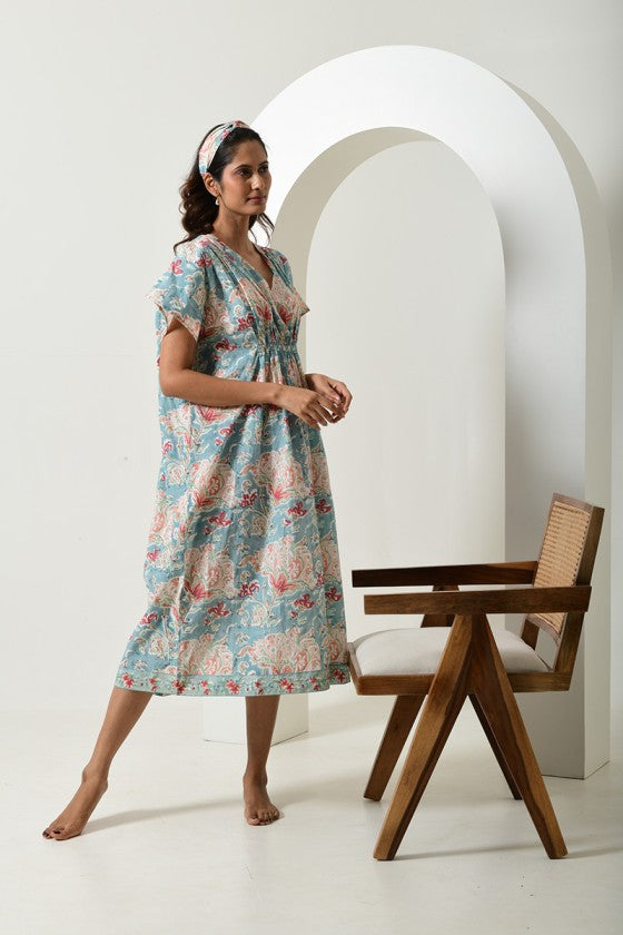 Floral Blue Cinched Waist Kaftan Dress