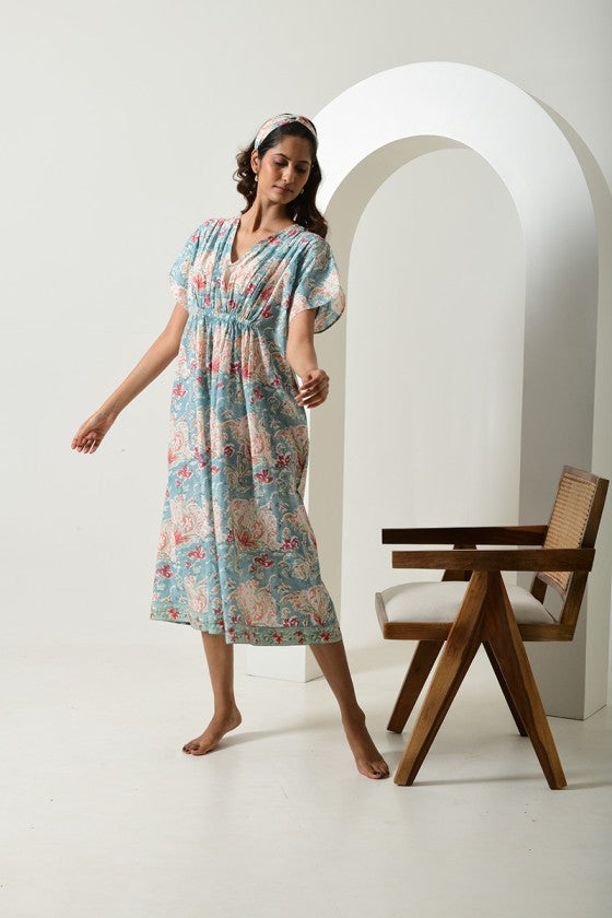 Floral Blue Cinched Waist Kaftan Dress