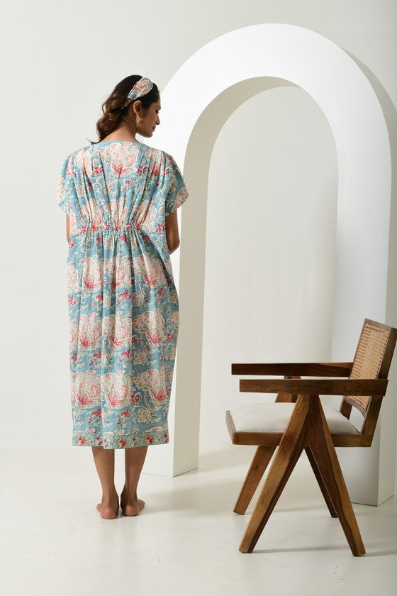 Floral Blue Cinched Waist Kaftan Dress