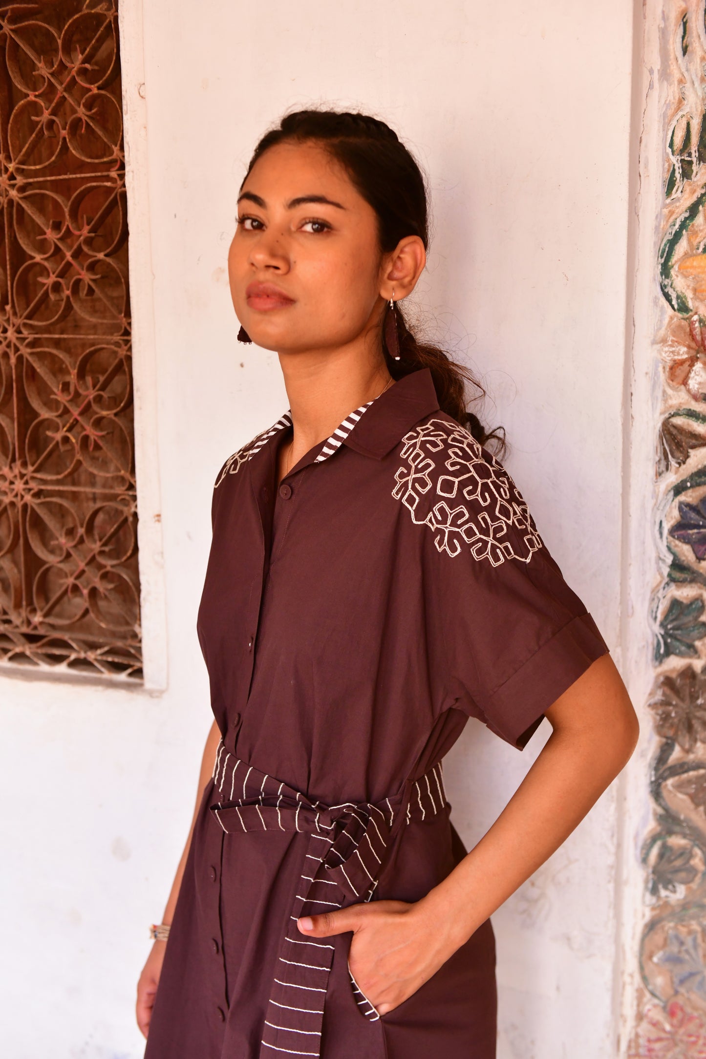 Stella Brown Embroidered Shirt Dress