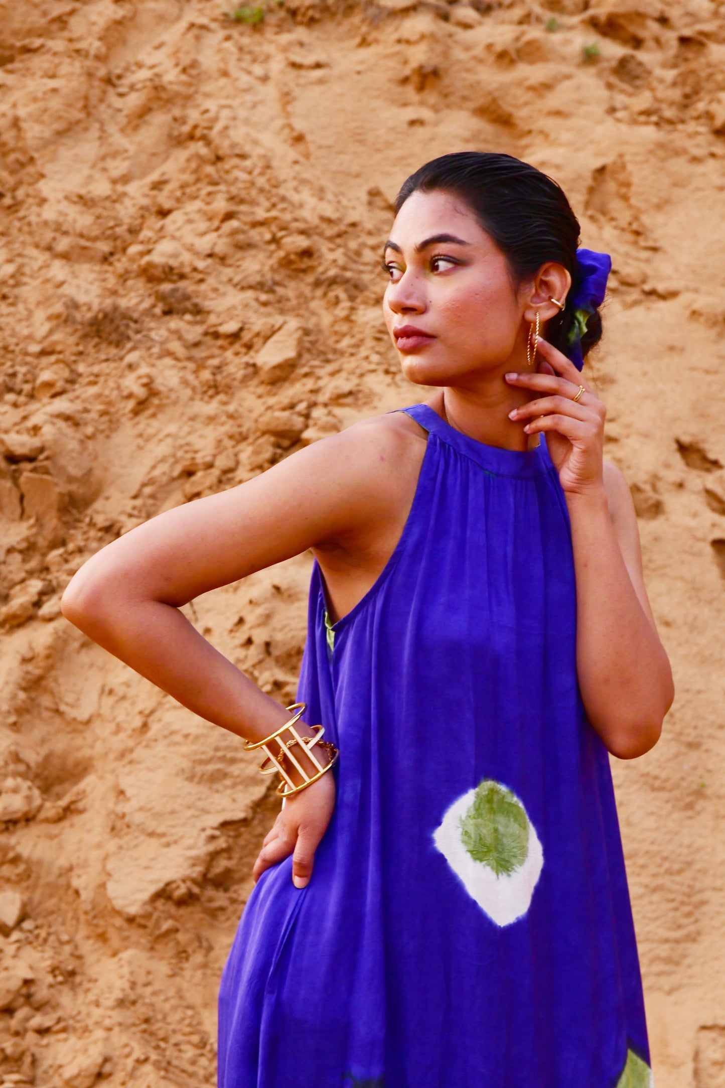 Zyra Blue Tie-Dye Halter Dress