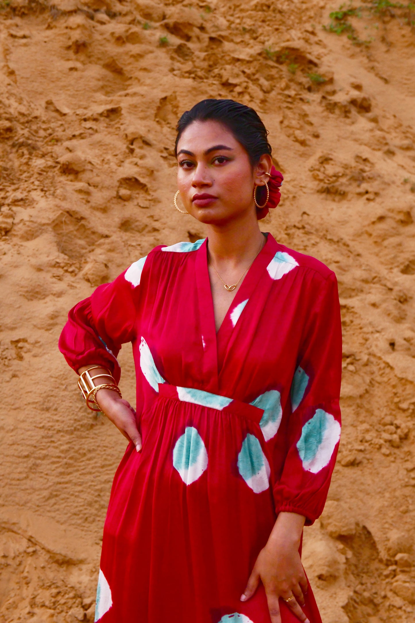 Aura Red V-Neck Tie-Dye Dress