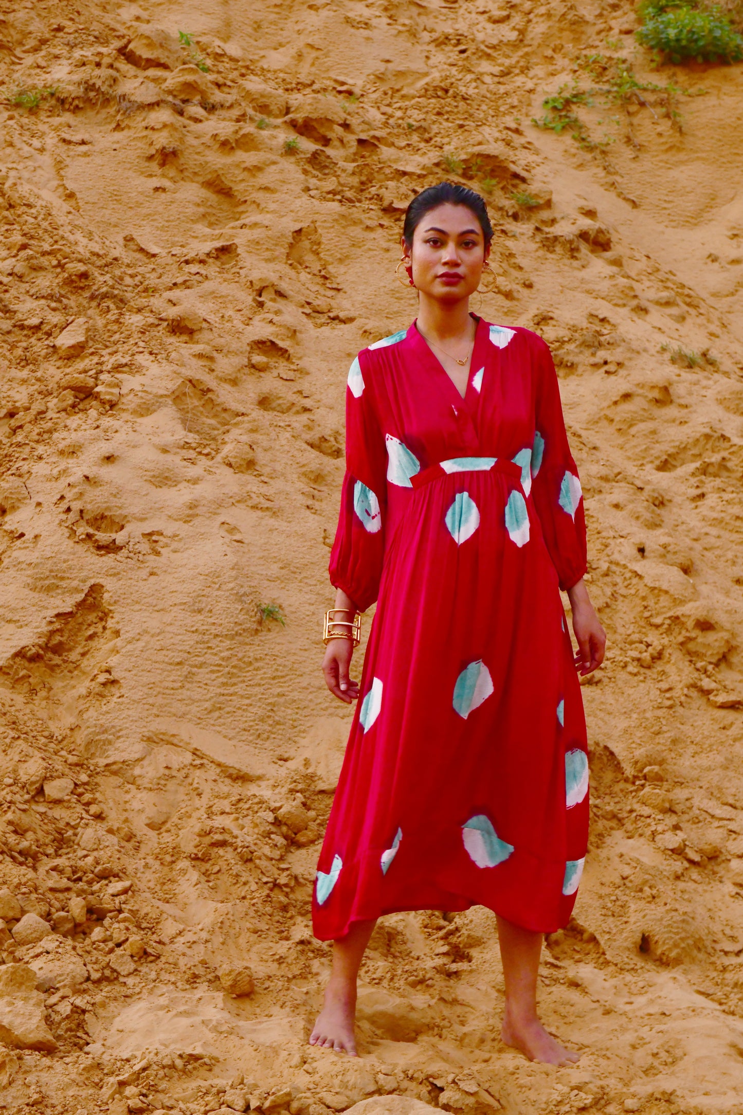 Aura Red V-Neck Tie-Dye Dress