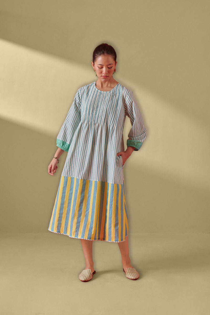 Eclat Aqua & Yellow Pintuck Striped Dress