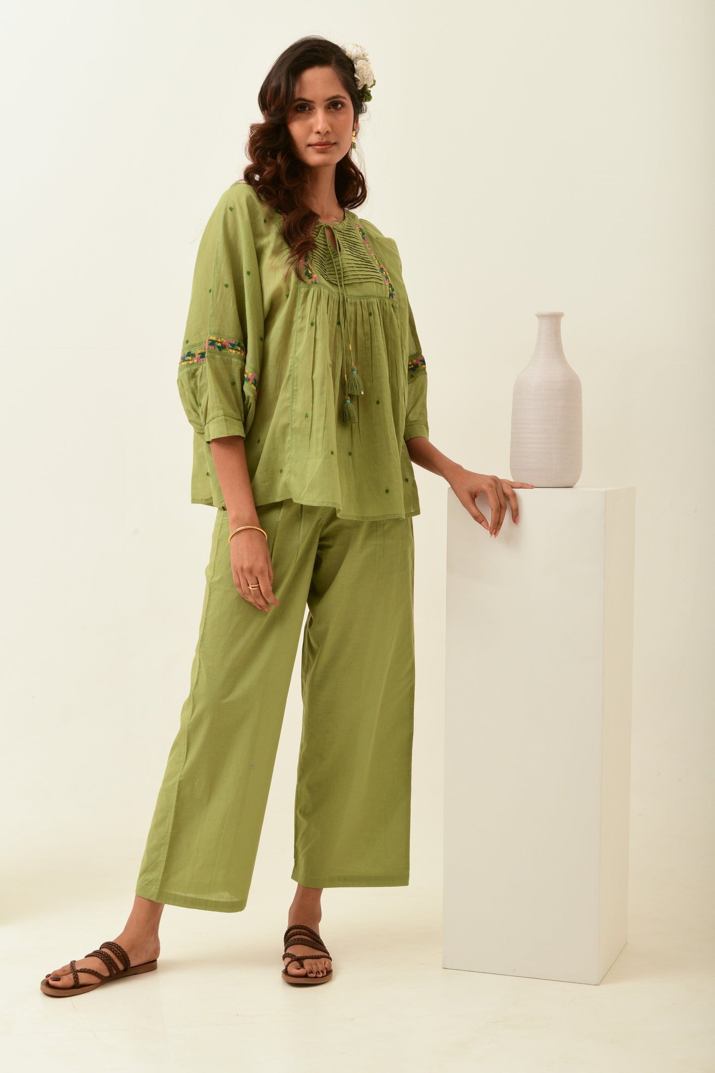 Olive Green Smocked Straight Pants