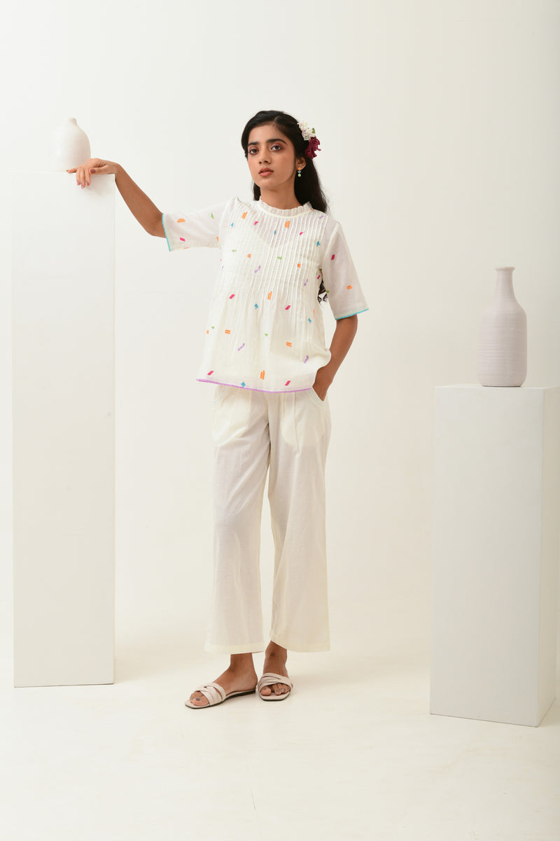 Eclat Ivory Pleated Embroidered Top