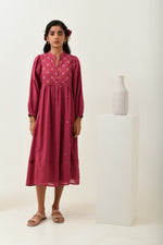 Ivory Rust Pink Embroidered Midi Dress