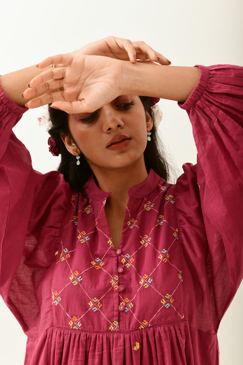 Ivory Rust Pink Embroidered Midi Dress