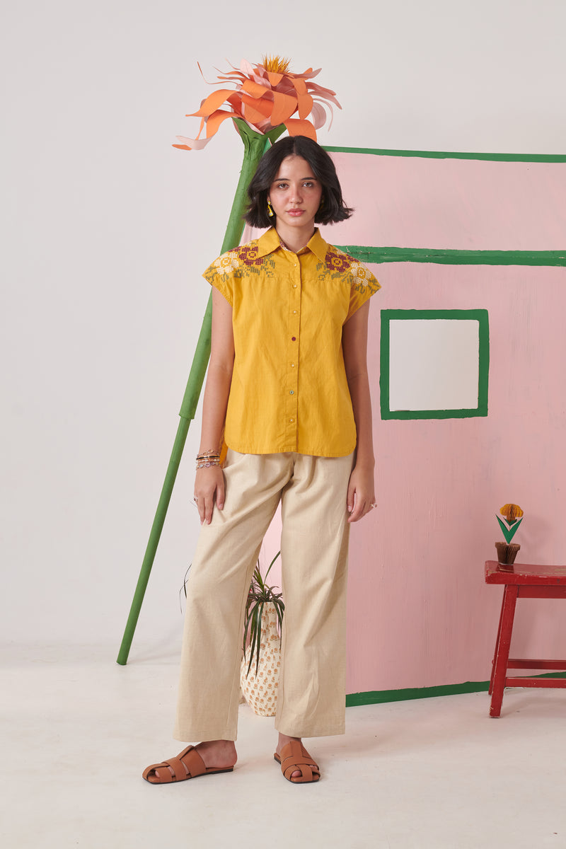 Ami Mustard Pixel Embroidered Shirt