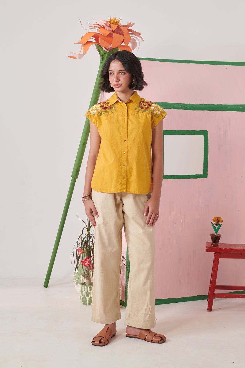 Ami Mustard Pixel Embroidered Shirt