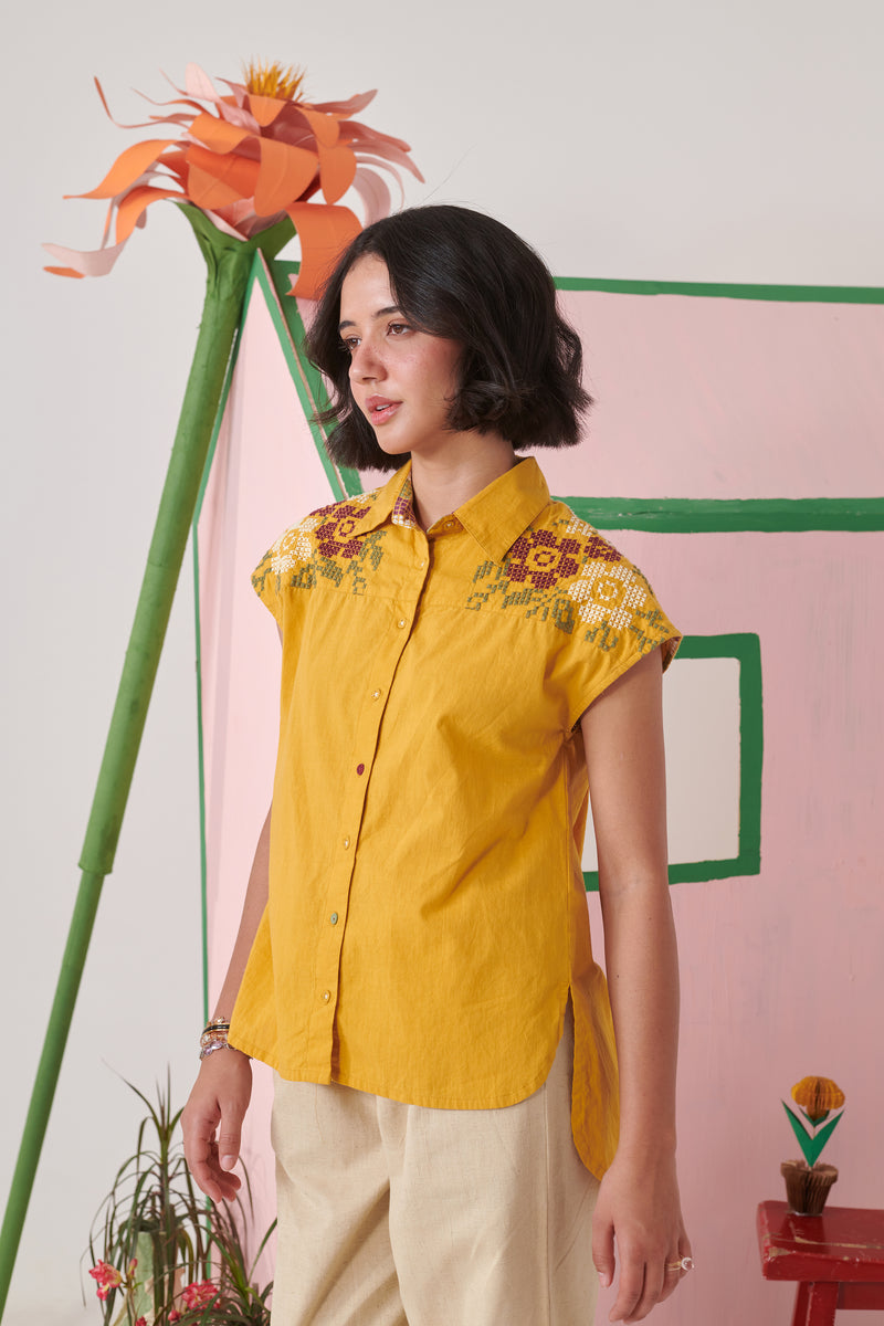 Ami Mustard Pixel Embroidered Shirt