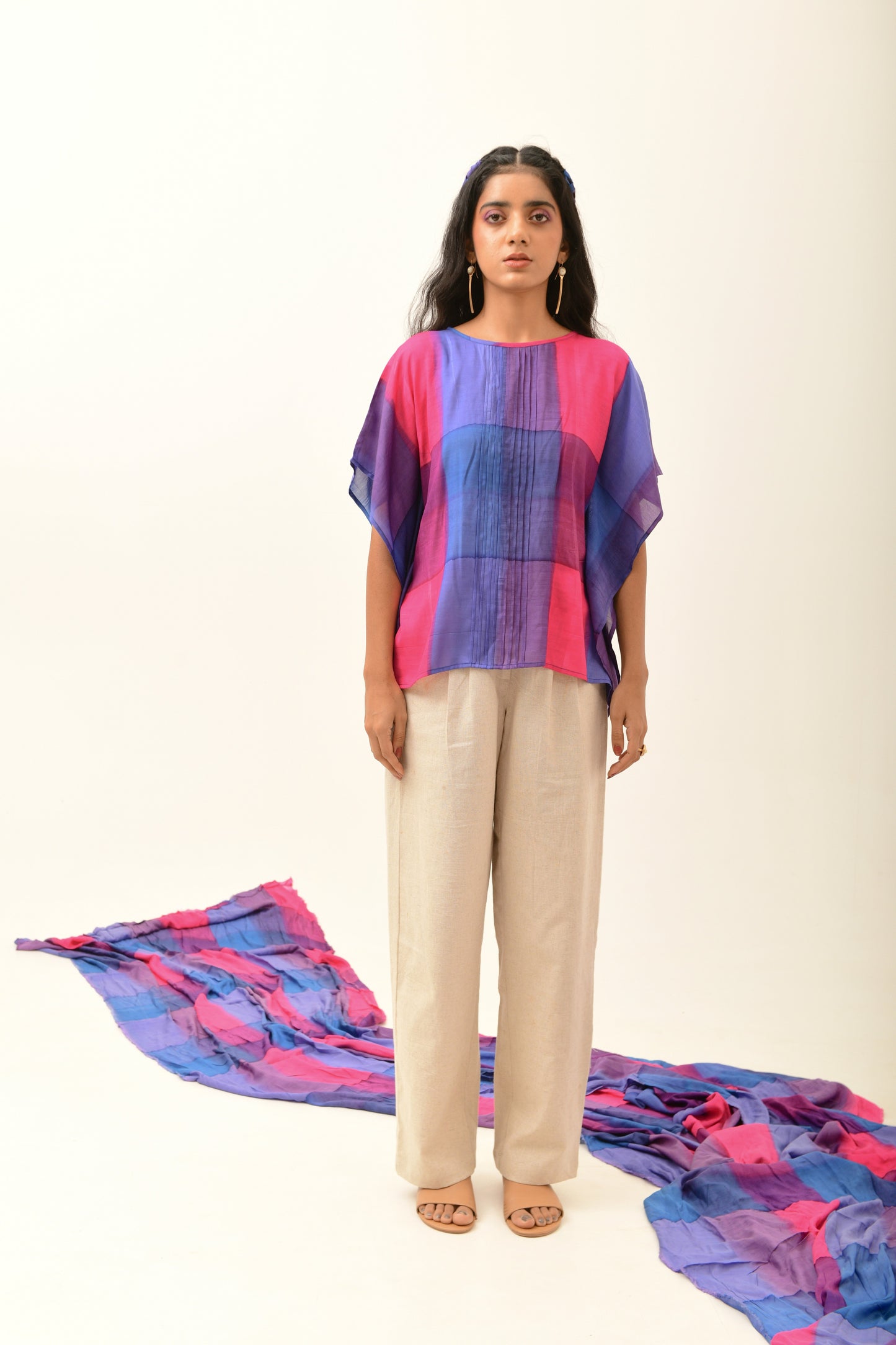 Epoch Blue & Fuchsia Front Pleated Top